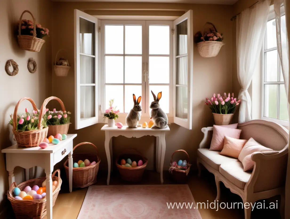 habitacion romantica, con ventana y entrada de luz, muebles, decorando conejos, con huevos de colores. Canastos con flores
