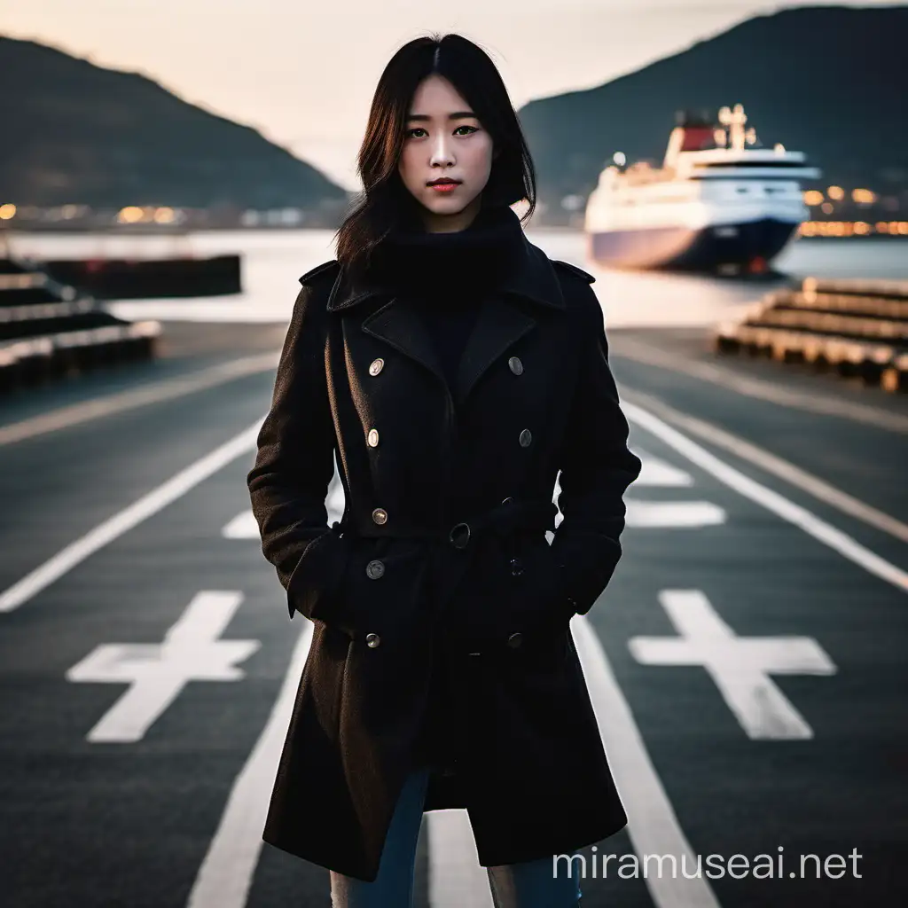 long shot, back view, cinematic portrait, a Korean girl black hair wearing a peacoat jacket, jeans and boots, standing on white road markings, with a backpack, handsome pose, professional photography, light behind him, bokeh background with a ferry in the distance, standing in a quiet harbor, beautiful sea, evening with lights, sharp gaze, looking at the camera