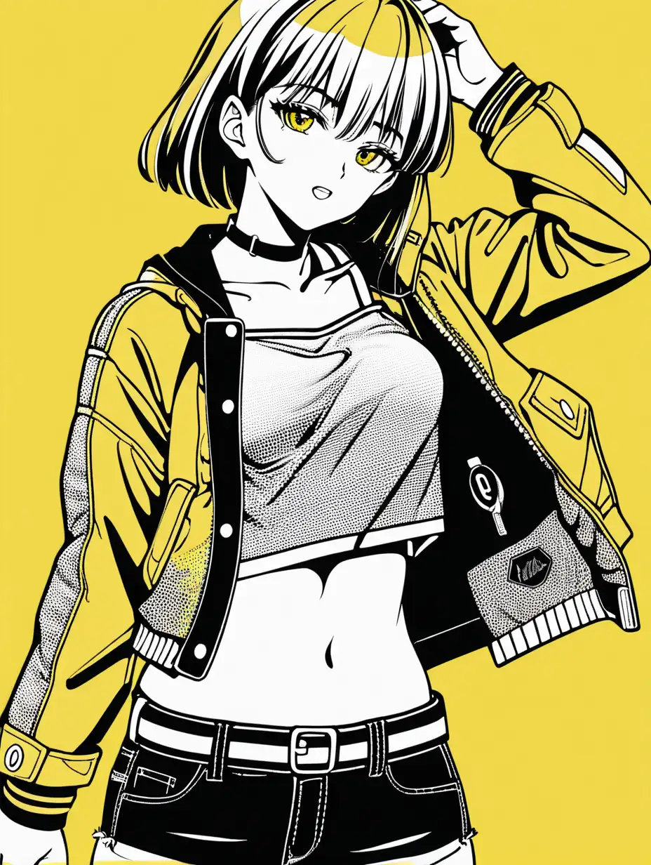 anime girl in jacket posterize halftone yellow black white 3 color minimal design short shirt midriff suspenders jacket