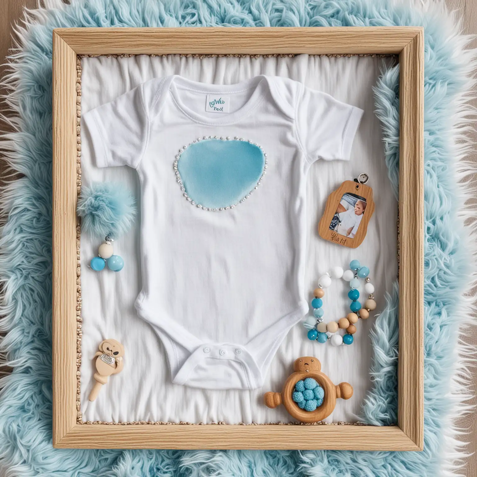 Aerial view, white baby Onesie shirt, Blue fluffy blanket, Picture frame, Wooden Rattle, Beaded pacifier holder