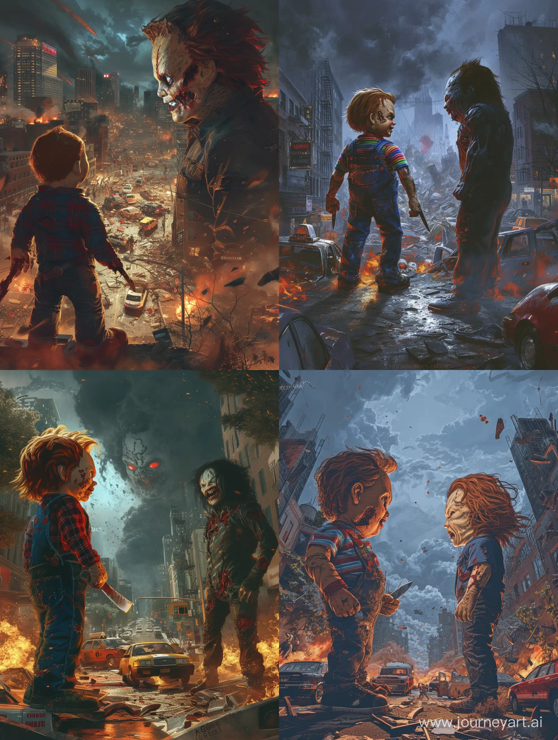 Chucky vs. Ghostface, all in very large scales, Chucky and Ghostface stand facing each other, depicted on a monumental scale where their figures dominate the entire cityscape. Chucky, with a distorted face and a knife in hand, gazes upon Ghostface, who looks back at him with a horrified expression. Around them, destroyed buildings, burning cars, and ominous clouds of smoke are visible, reflecting the atmosphere of chaos and struggle for survival. The art style lends a surrealistic appearance to the scene, with subdued colors and dark tones to emphasize the tension and battle atmosphere. The camera angle is chosen to capture the full scale of the confrontation between Chucky and Ghostface, highlighting their powerful figures and strength. Visualized with high resolution and natural lighting to accentuate the realism of the scene.