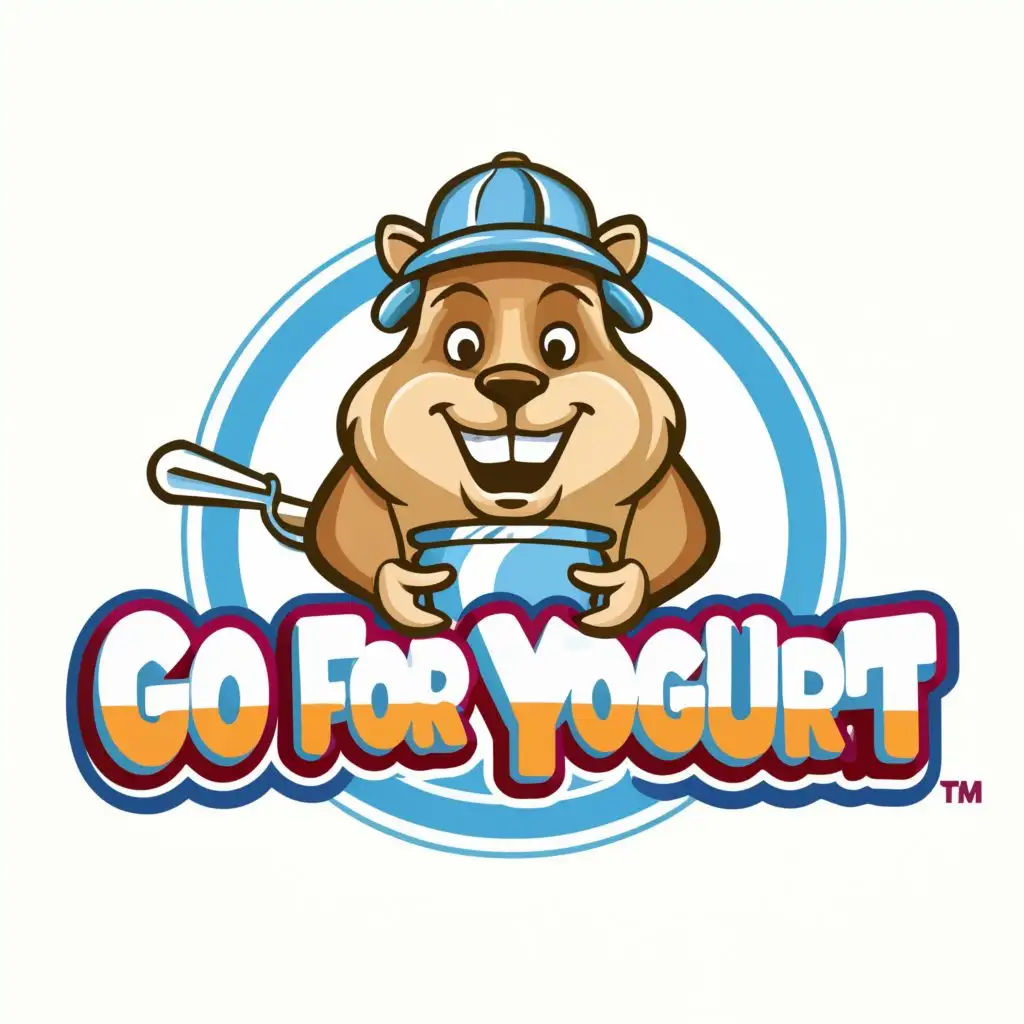 logo, a gopher wearing a propeller cap, the gopher is smiling big and holding a cone of frozen yogurt, with the text "Go For Yogurt", typography