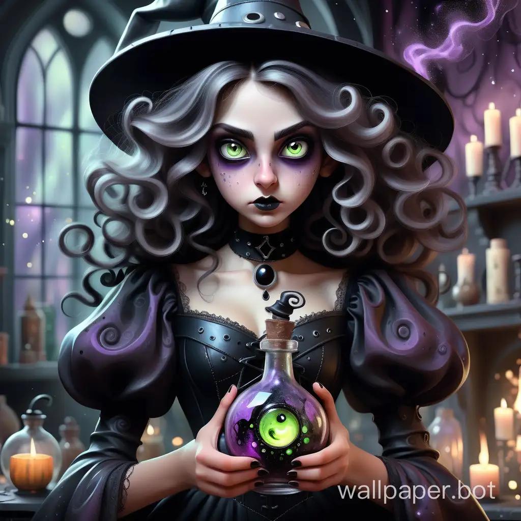 Fantastically beautiful 15-year-old gothic girl in a witch costume, huge expressive reflecting eyes, curls, holding a potion bottle, stars, swirling sparks, fantasy, ultra-detailed, hyperrealism, dark world, bokeh and flickering dust, Christian Dior, impeccable lines, precise details, grunge style, oil painting, airbrushing