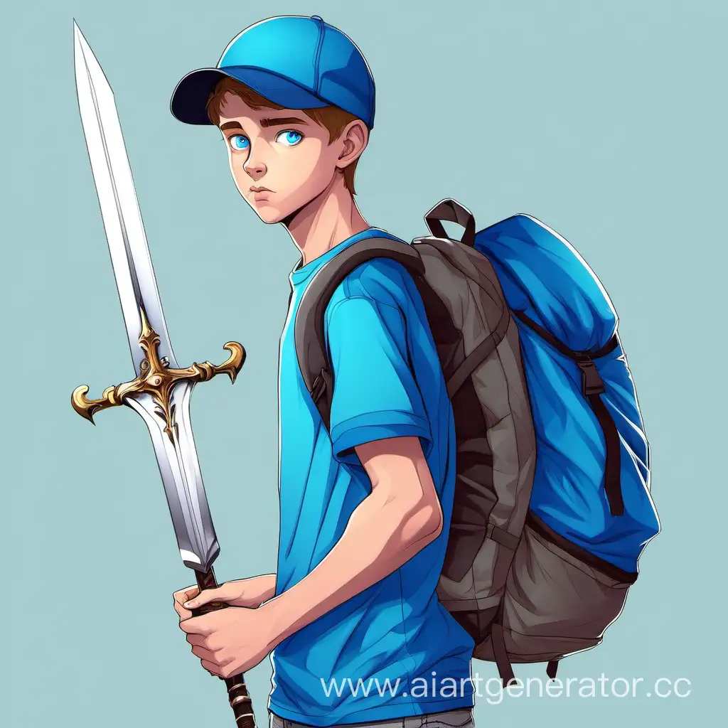 подросток с голубыми глазами ,с синей футболкой ,сзади сумка ,в сумке торчит белый меч ,мальчик в кепке 