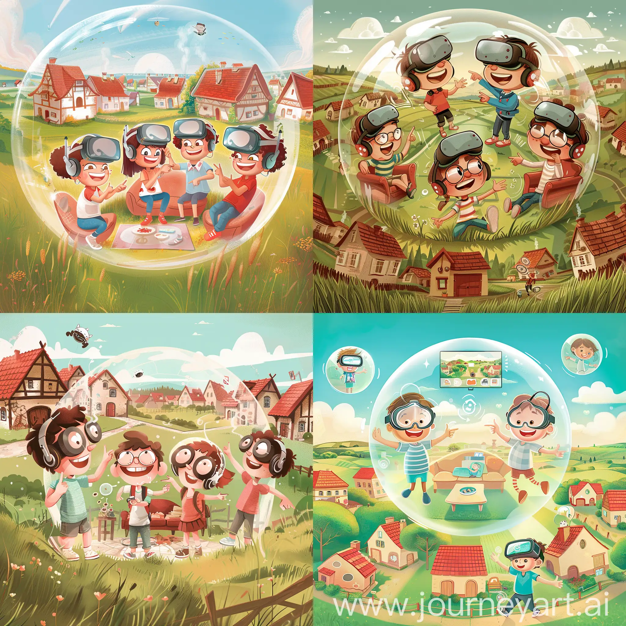 cartoon of 4 kids , far away from each others, having VR headset on, and around them they have a bubble that looks like a living room, they smile and point at things, the kids background is a village with red roofs houses and grass all over
