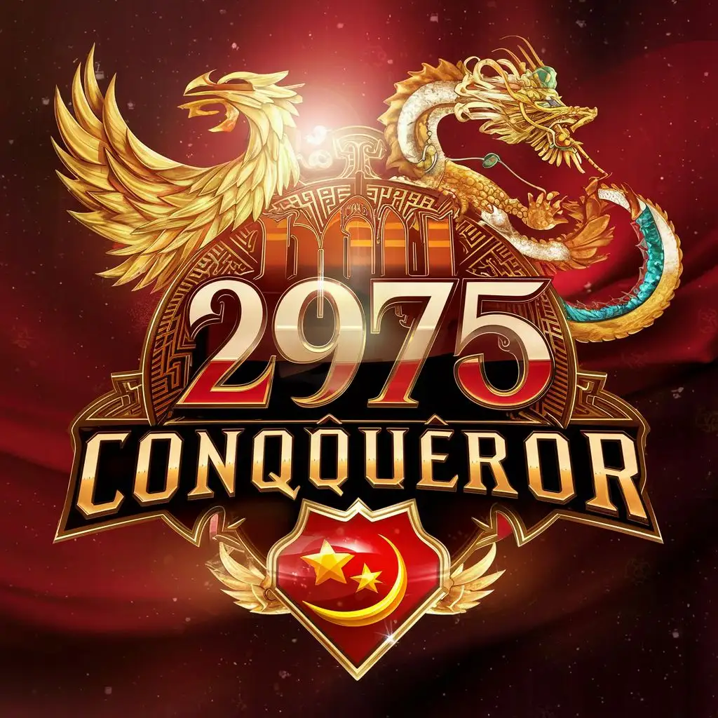 logo, phoenix and dragon, with the text "2975 Dynastic Conqeror", typography, add Vietnam flag