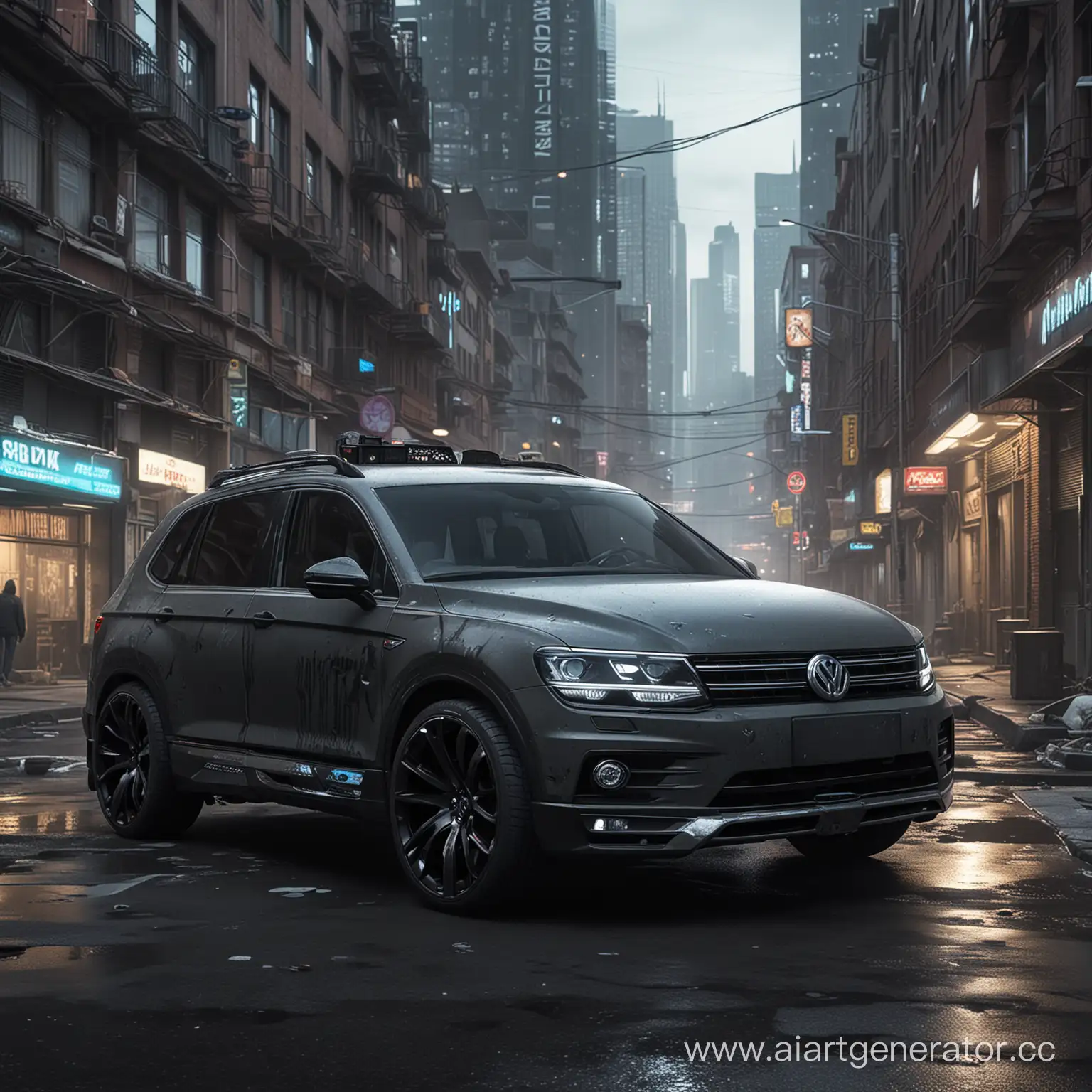 (1G) Volkswagen Tiguan 2013 with modded body in cyberpunk style in cyberpunk city