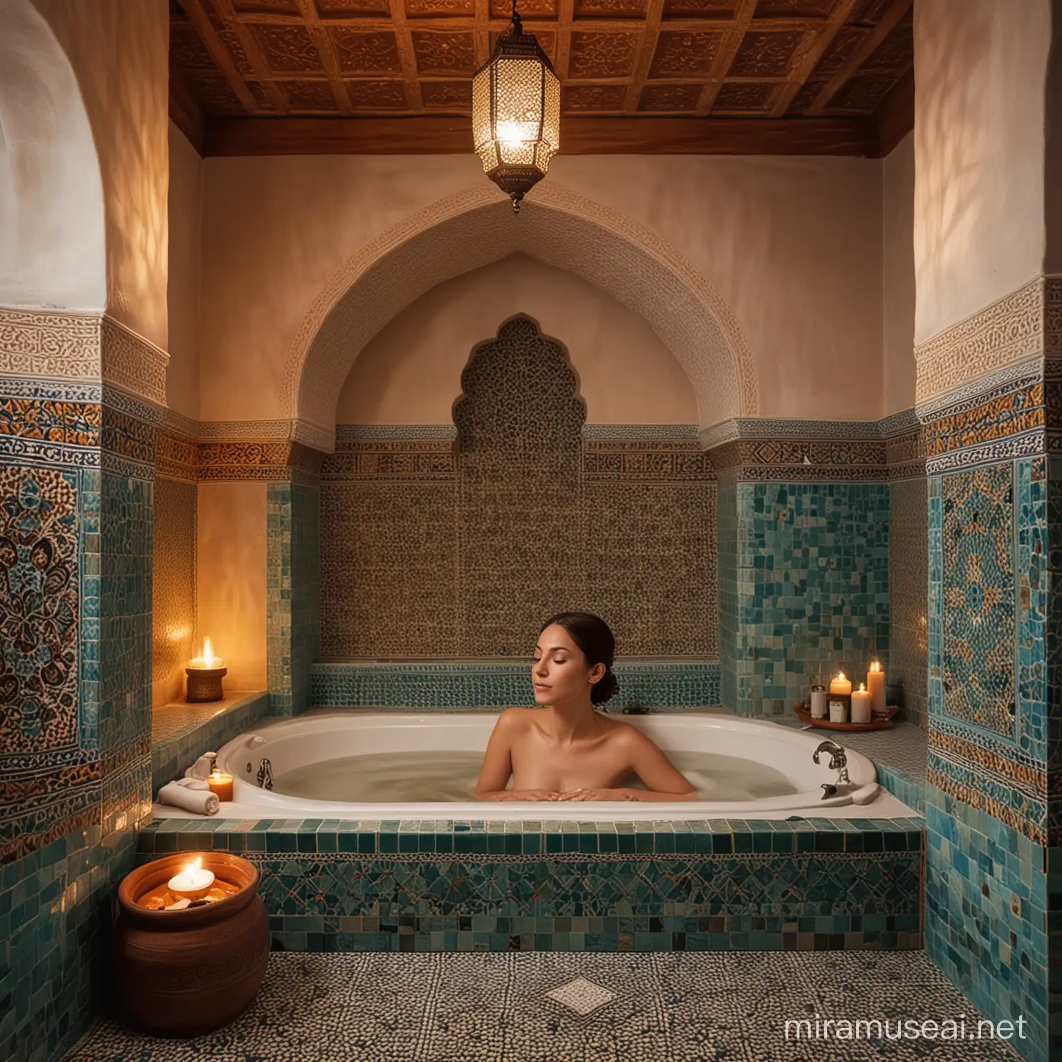 Craft an AI-generated image showcasing the serene ambiance of a traditional Moroccan bathhouse, focusing on a close-up scene of a woman luxuriating in a beautifully adorned bathtub. Infuse the scene with rich cultural elements such as ornate tiles, intricate mosaics, and soft, diffused lighting to evoke the immersive experience of a Moroccan bath. Capture the essence of relaxation, rejuvenation, and cultural tradition in this captivating visual narrative.