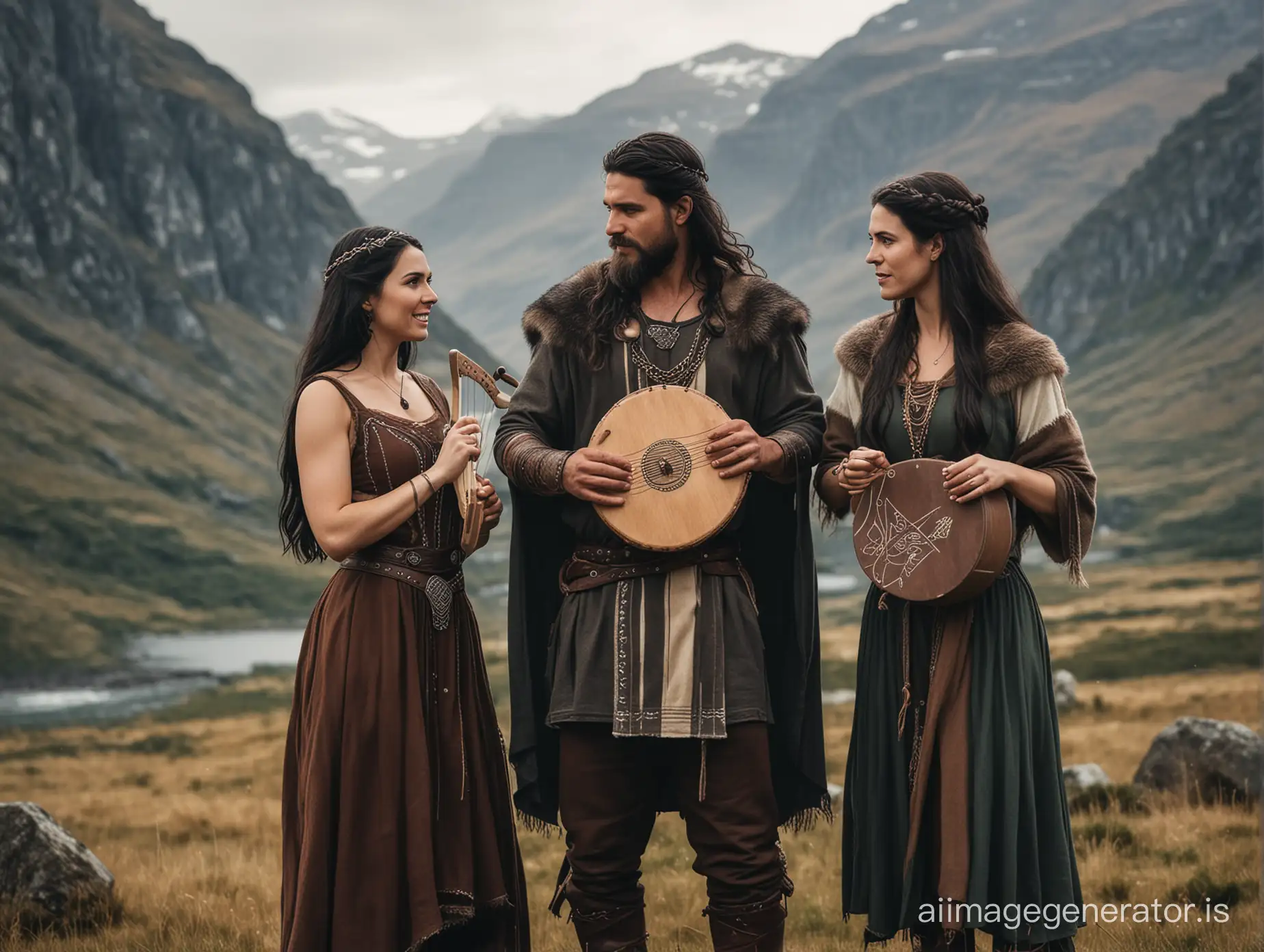 Norse-Couple-Playing-Traditional-Music-with-Mountain-Backdrop