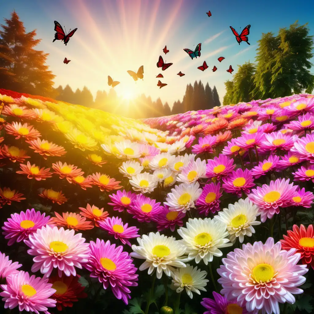 a beautiful lanscape of multicolor Chrysanthemum Flowers on a rising sun with flying butterfflies on a warm  summer day