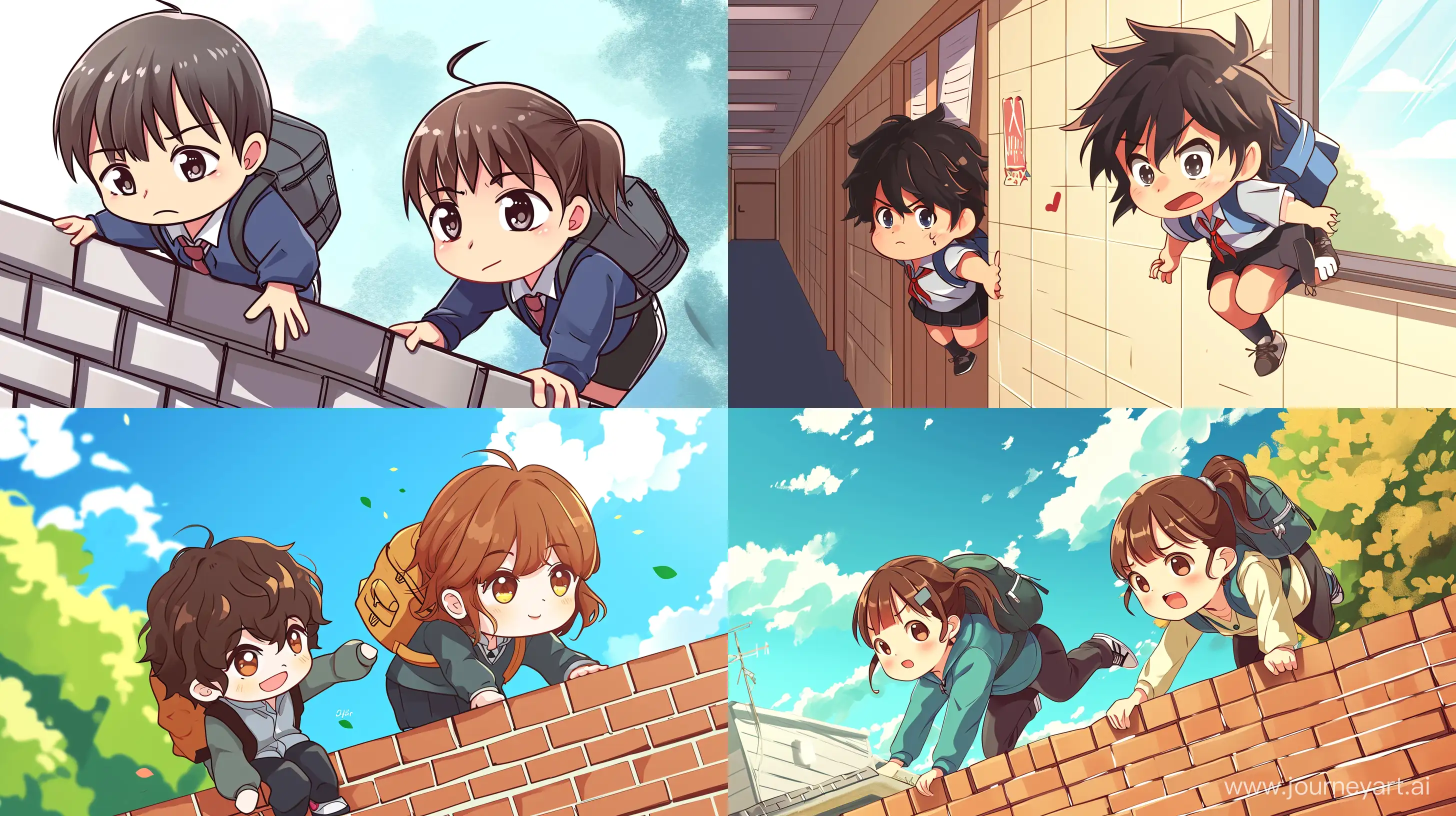 anime style, chibi style, two students are late for school, they climb the wall to go to the class, best quality --ar 16:9 --v 6
