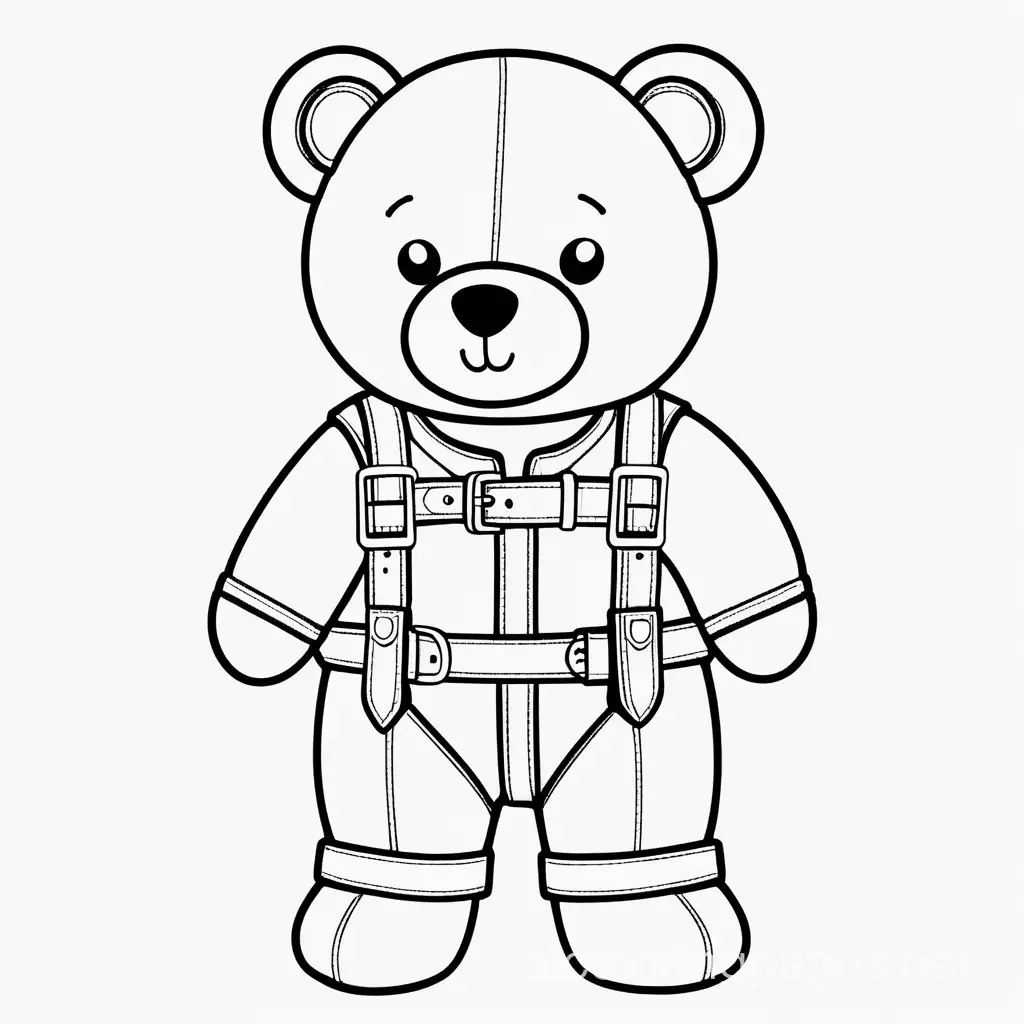 teddy bear with leather harness, Coloring Page, black and white, line art, white background, Simplicity, Ample White Space. The background of the coloring page is plain white to make it easy for young children to color within the lines. The outlines of all the subjects are easy to distinguish, making it simple for kids to color without too much difficulty