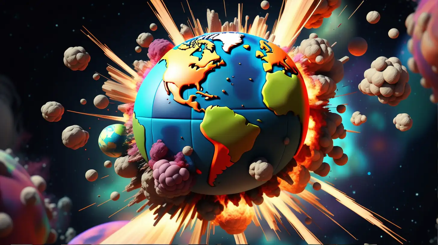 world exploding as viewed from space colorful pixar style no watermark