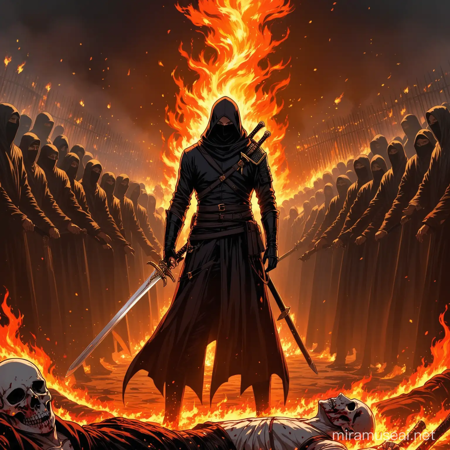 An assassin just only one standing between dead bodies that he killed with his sword and there is fire all over the place with no one behind him he is the only one in the picture