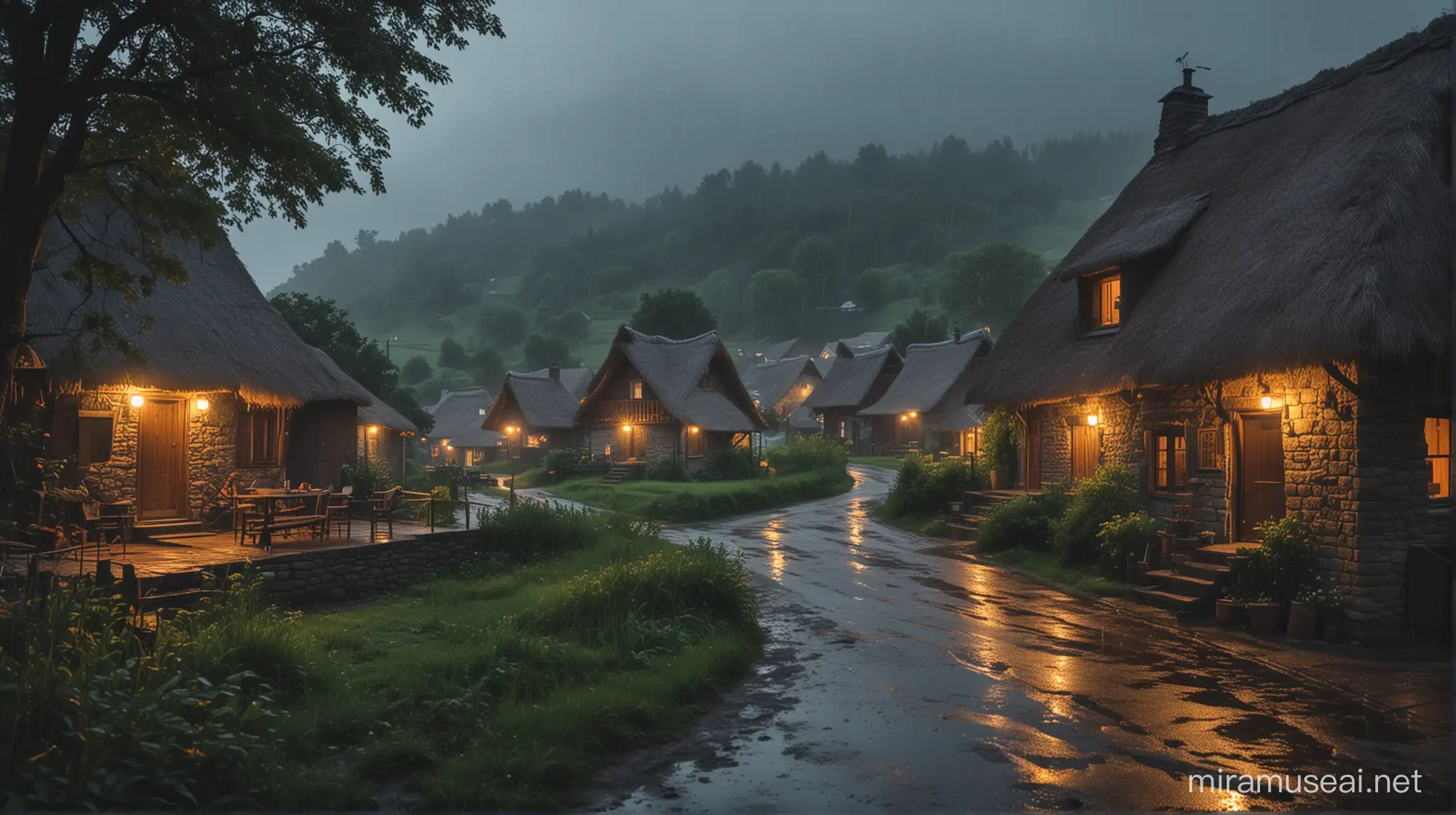 Cozy Night Village Beauty Rainy Weather Scene