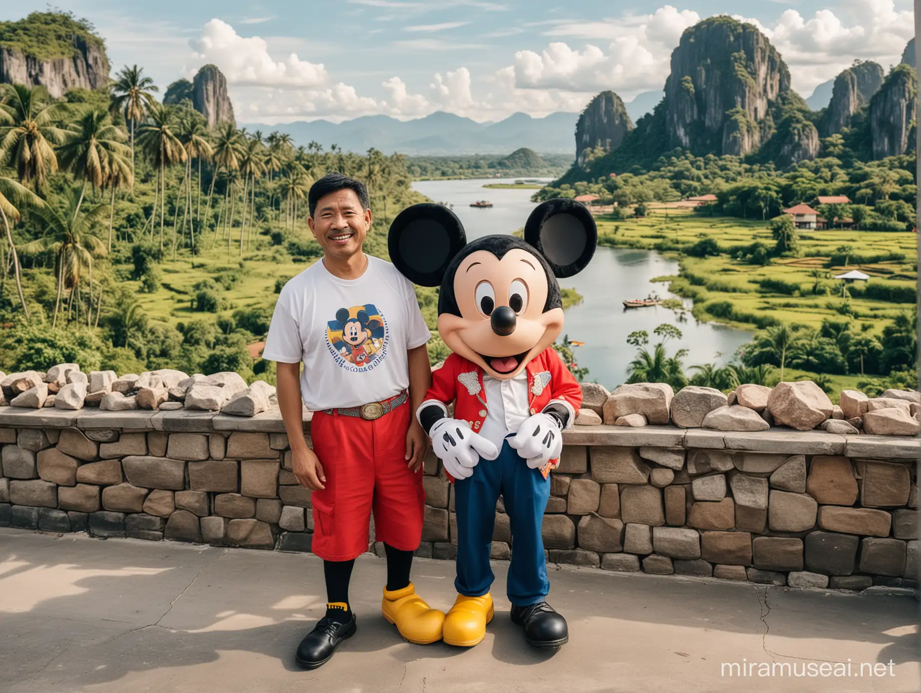 mickey mouse junto a un senor filipino con el paisaje mas famoso de filipinas detras