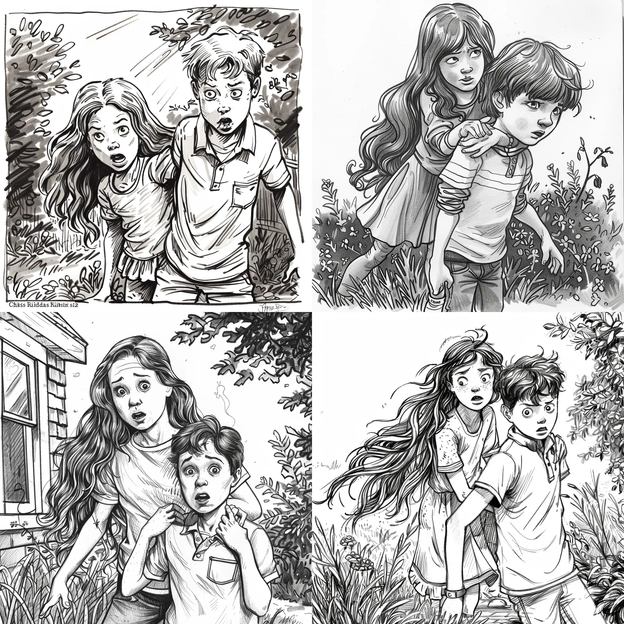 children's book illustration in black and white, stylised basic sketch of 10 year old girl with long wavy hair creeping up behind her brother about to grab his shoulders to scare him, boy is 12 and a little taller , characters stood in a garden, chris riddell style art