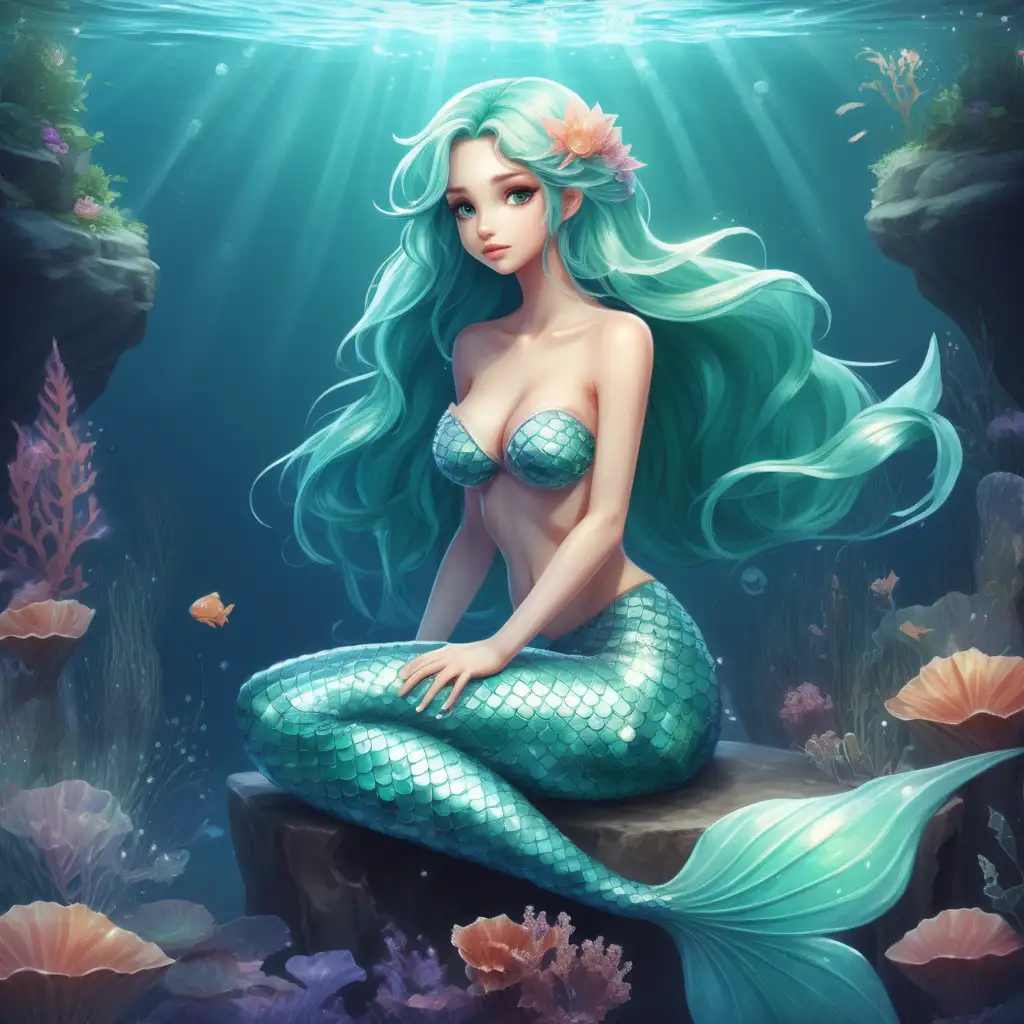 in anime style, a full body image of a beautiful mythical, magical mermaid in a sitting position never seen before, original character designs