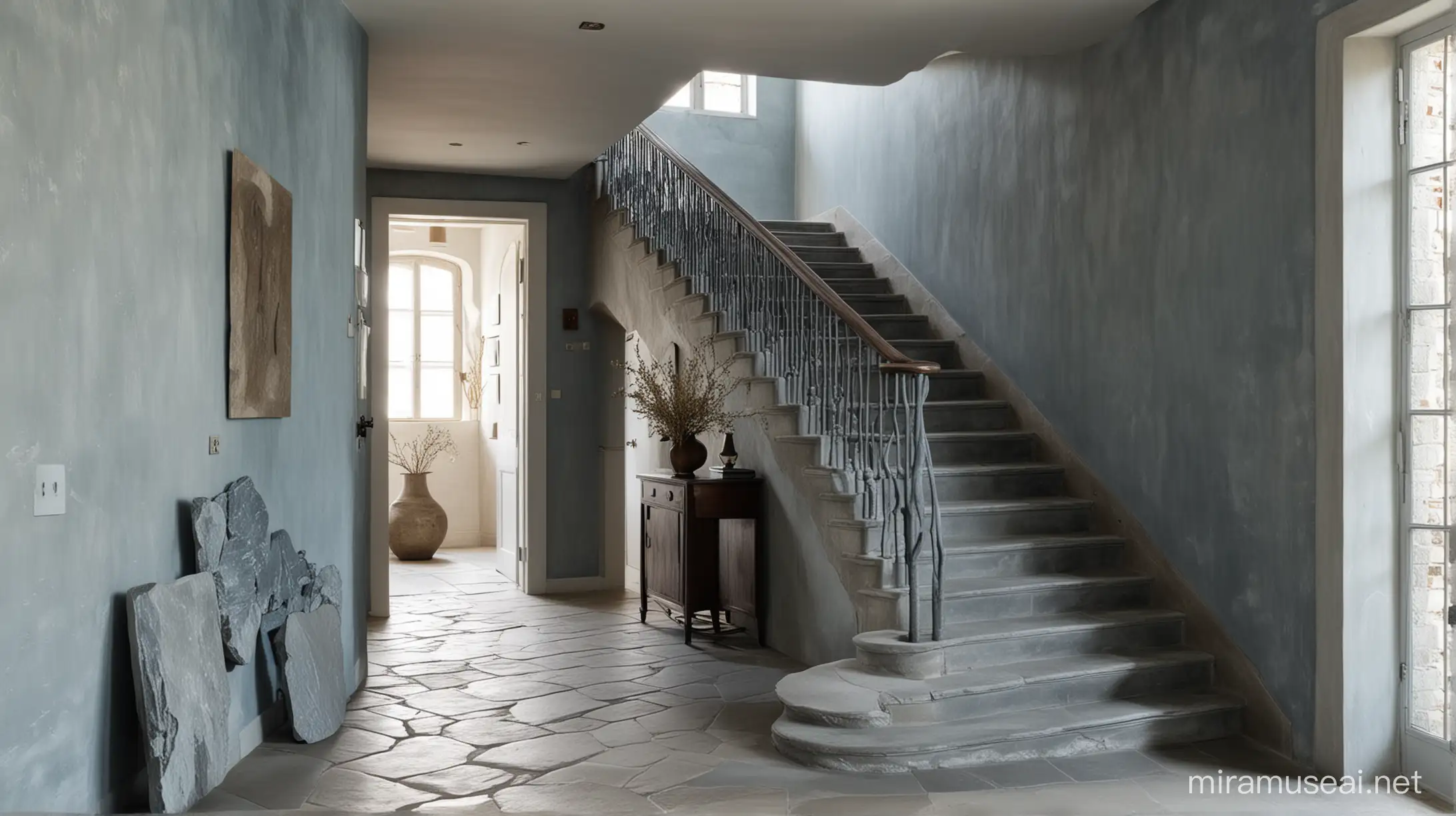 Rustic Blue Grey Entrance Hall with Stone Accents in Wabi Sabi Style for Vogue Living Magazine