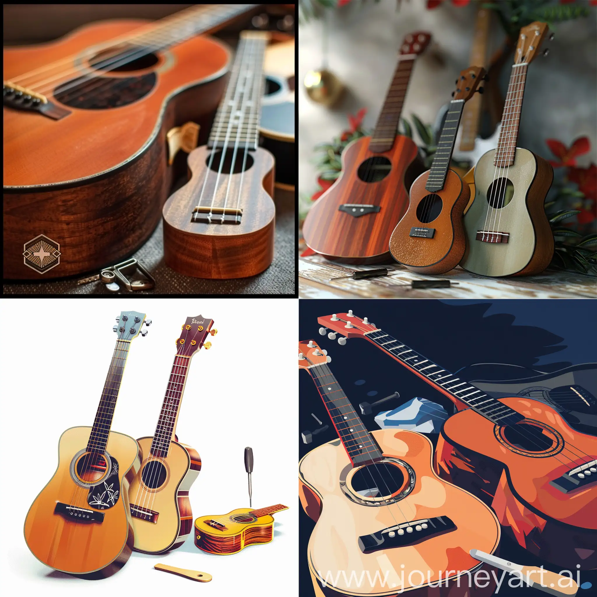 Logo branding chaîne Youtube tutoriel de guitare acoustique et ukulele. Inclure guitare acoustique, ukulele et pick de guitare en avant-plan