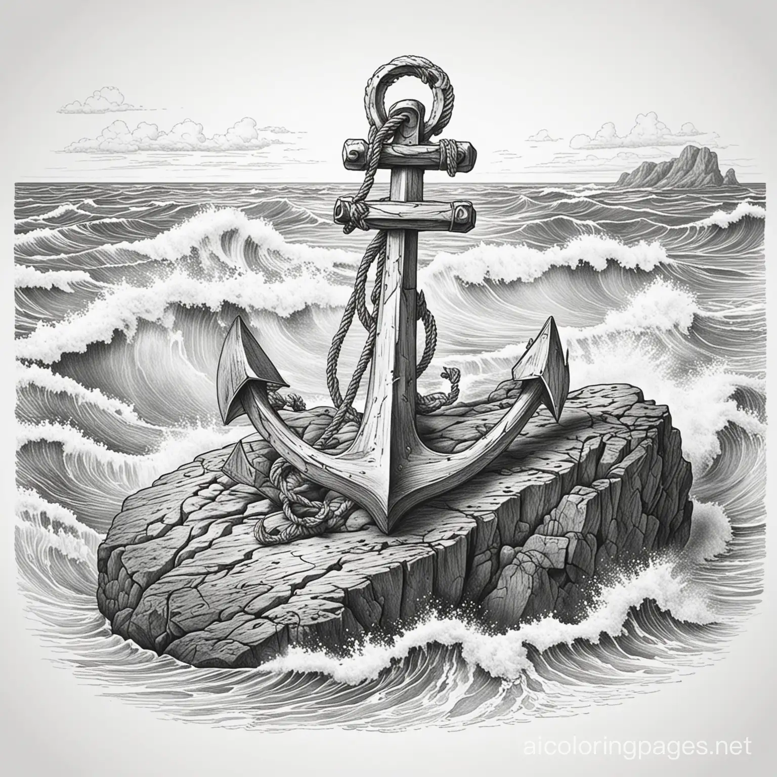 vintage anchor dug into a rock in the middle of raging waves, Coloring Page, black and white, line art, white background, Simplicity, Ample White Space. The background of the coloring page is plain white to make it easy for young children to color within the lines. The outlines of all the subjects are easy to distinguish, making it simple for kids to color without too much difficulty