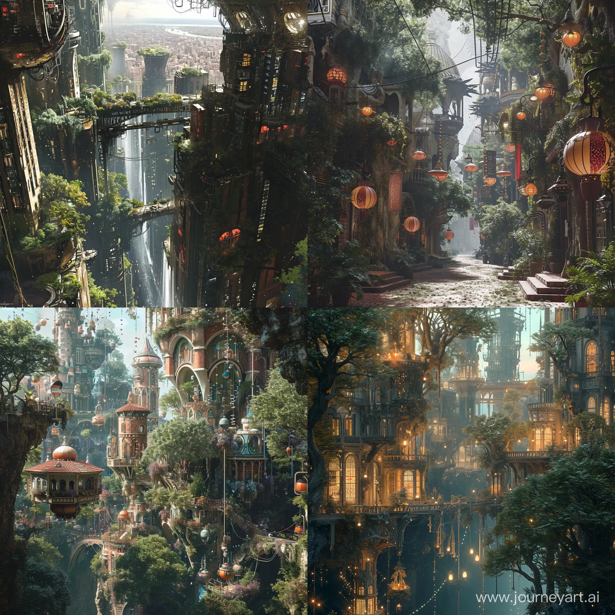 Photo, modern::1.3. depicts a fantastical cityscape with a river running through the middle. The buildings are covered in plants and there are many hanging objects such as lanterns and signs. The city is surrounded by trees and the sky is blue. Realism::1.3, V-ray. --v 6
