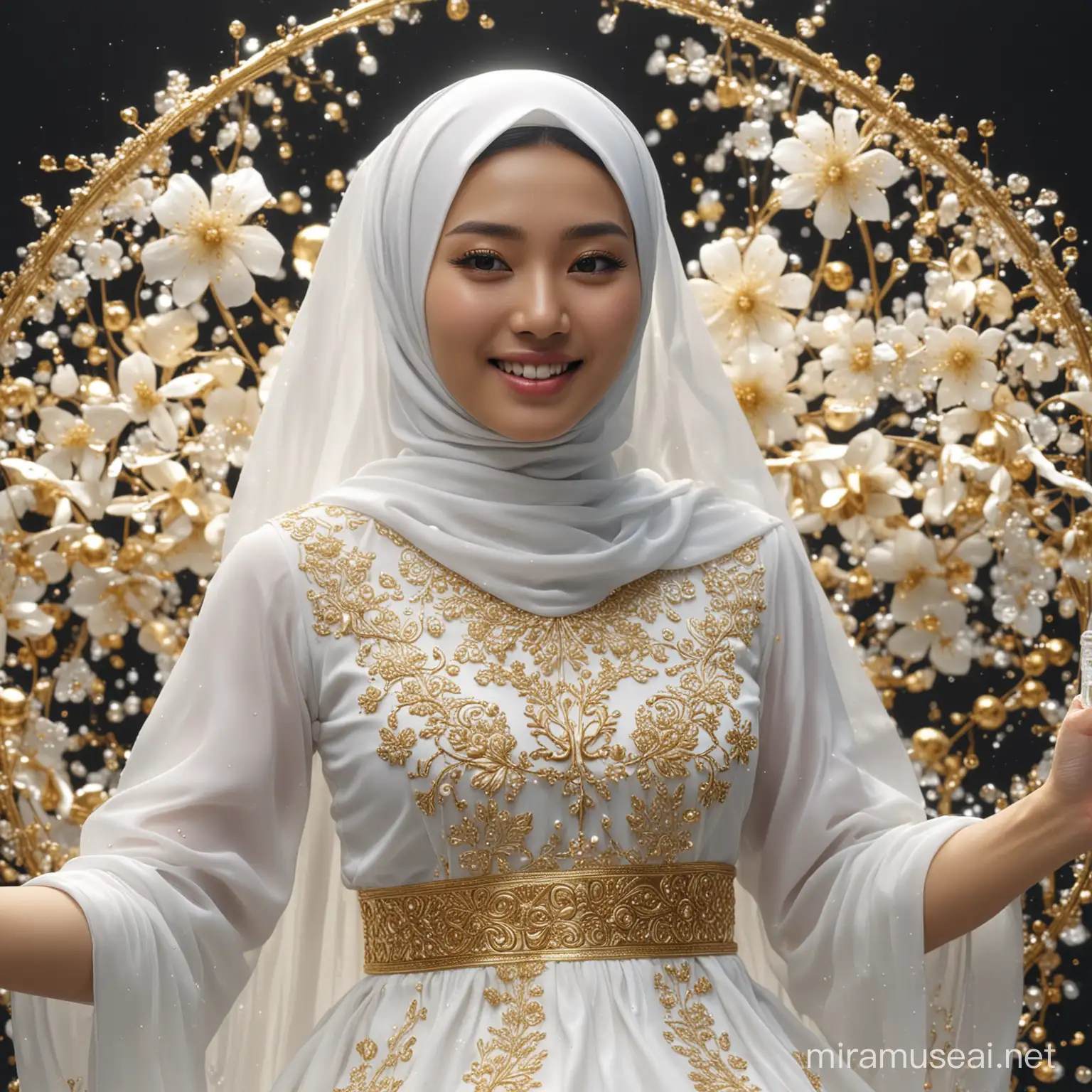 super ultra hyper extreme amazing detailed and realistic BECAK text name that says very detailed "SICBA MUDIK" lights up with white bias gold crome water that says "SICBA MUDIK", extreme flower fractal, mirroring effect photography very clouse up korean beautiful hijab woman smile white dress. holding a miniature BECAK. 4k UHD