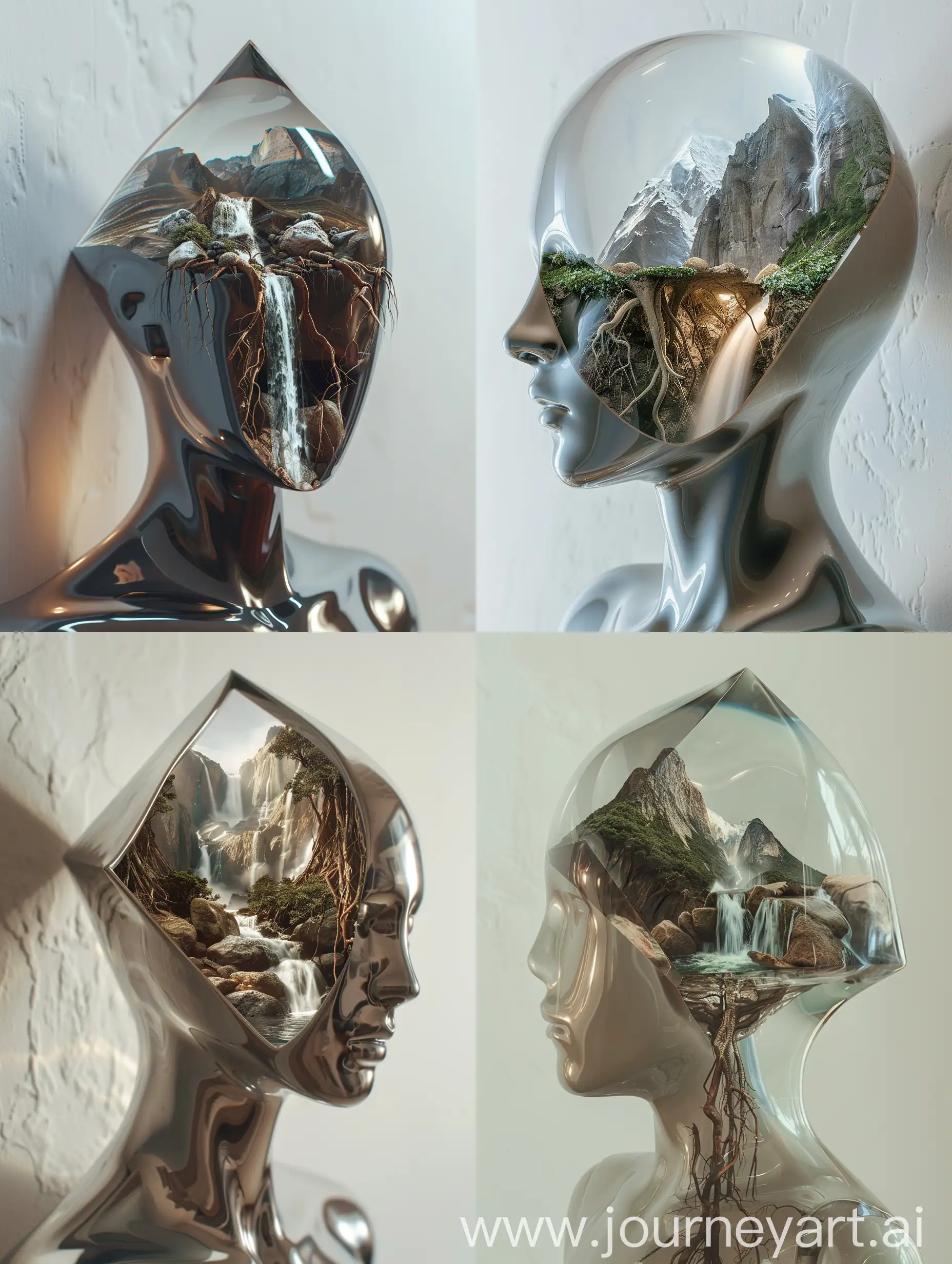 a mid-close-up cinematic creative photography portrait featuring a biomorphic translucent  smooth shiny  triangular shaped mannequin with a translucent triangular shaped head. Inside the head, there are mountains, rocks, roots, and a cascading waterfall, creating a eery scene. The composition captures the intricate details of the sculpture, emphasizing its artistic beauty. Set against a white wall background illuminated by the portrait exudes a captivating and ethereal ambiance.