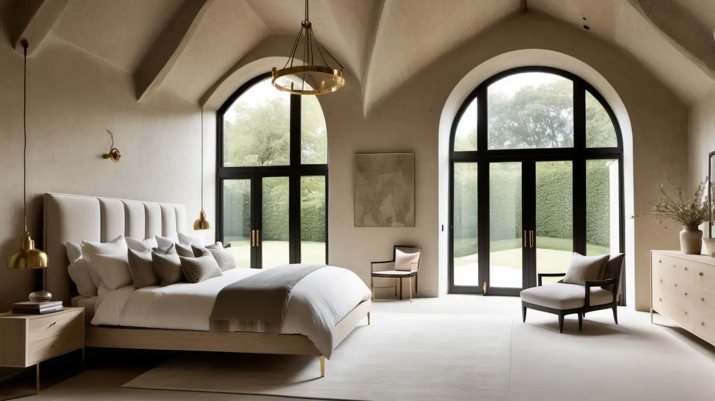 A classic contemporary large home master bedroom with limewash walls in Bauwerk Bone; blonde oak; brass lighting; large windows