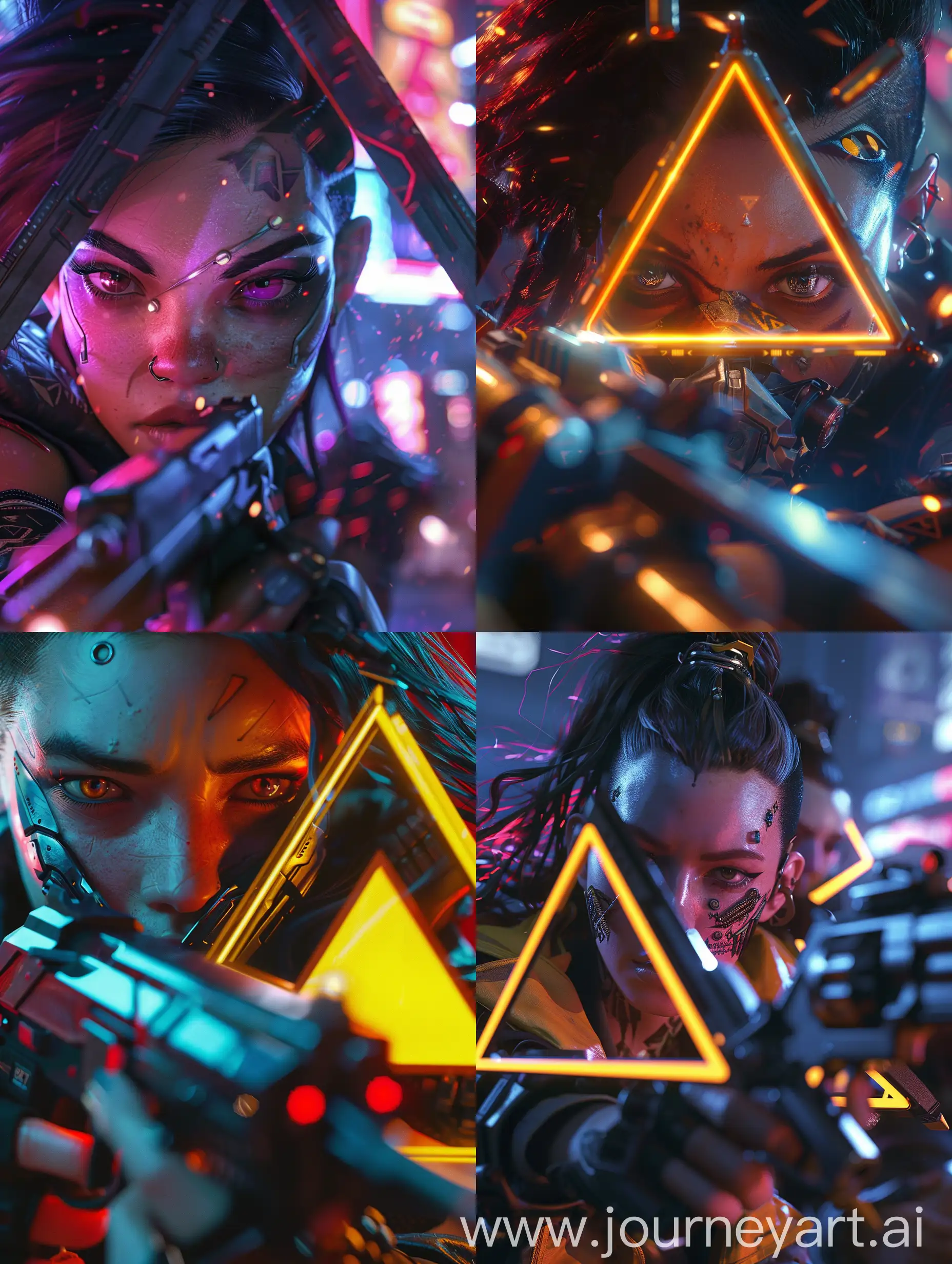triangle, zen-inspired, League of Legends, Jinx., Take the gun., First person perspective, Close-up of characters, Dynamic action, Cyber punk style, unreal engine, cinematic lighting, UHD, 8k, super detail 
