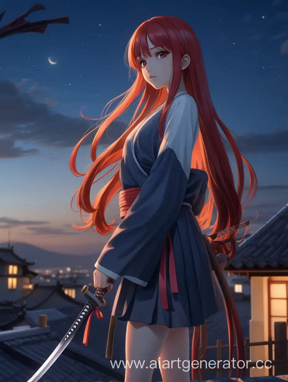 Elegant-Anime-Girl-with-Red-Hair-Wielding-a-Katana-at-Sunset