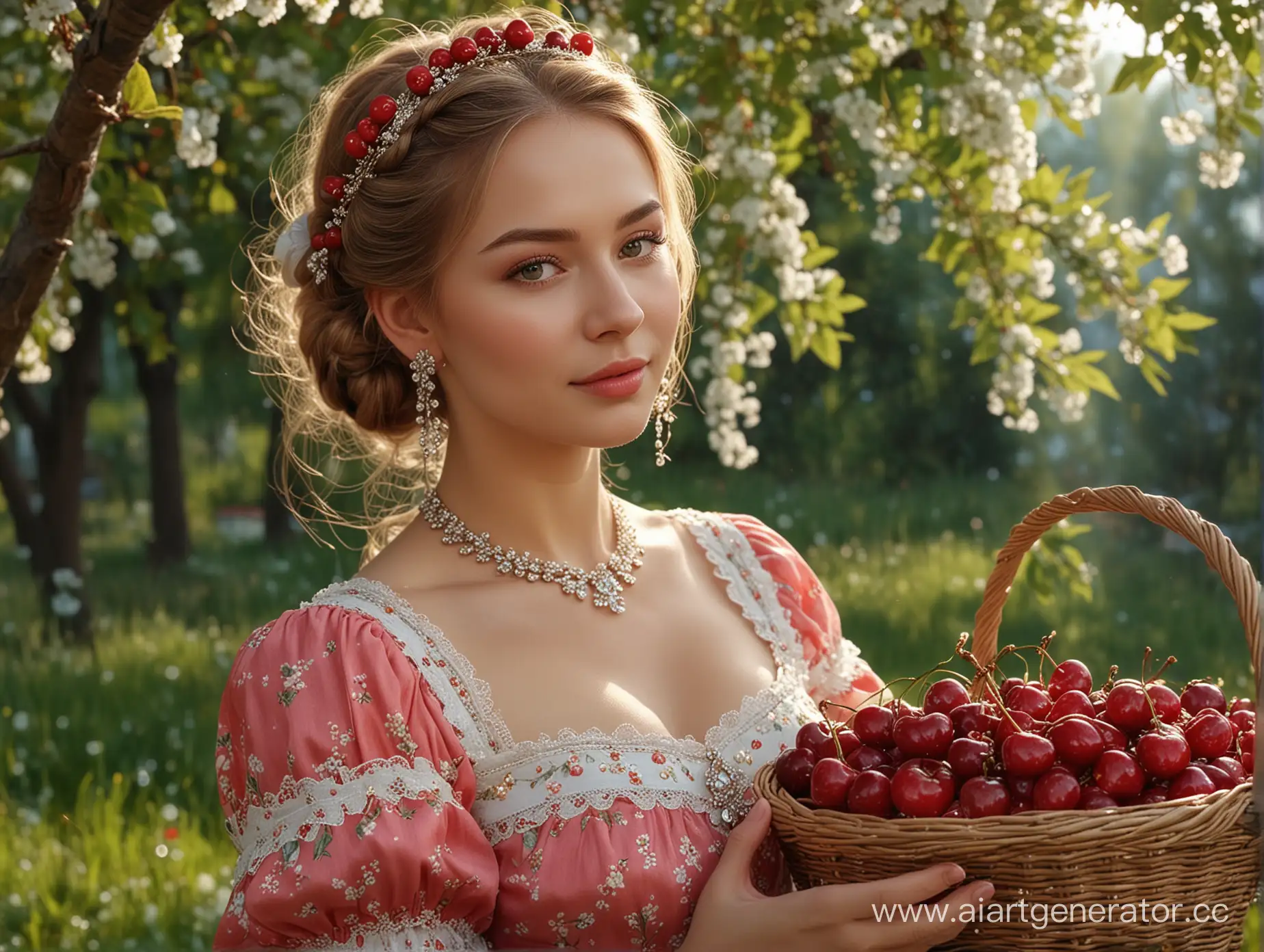 Russian-Sweetheart-in-Floral-Sundress-with-Cherry-Basket-and-Kokoshnik