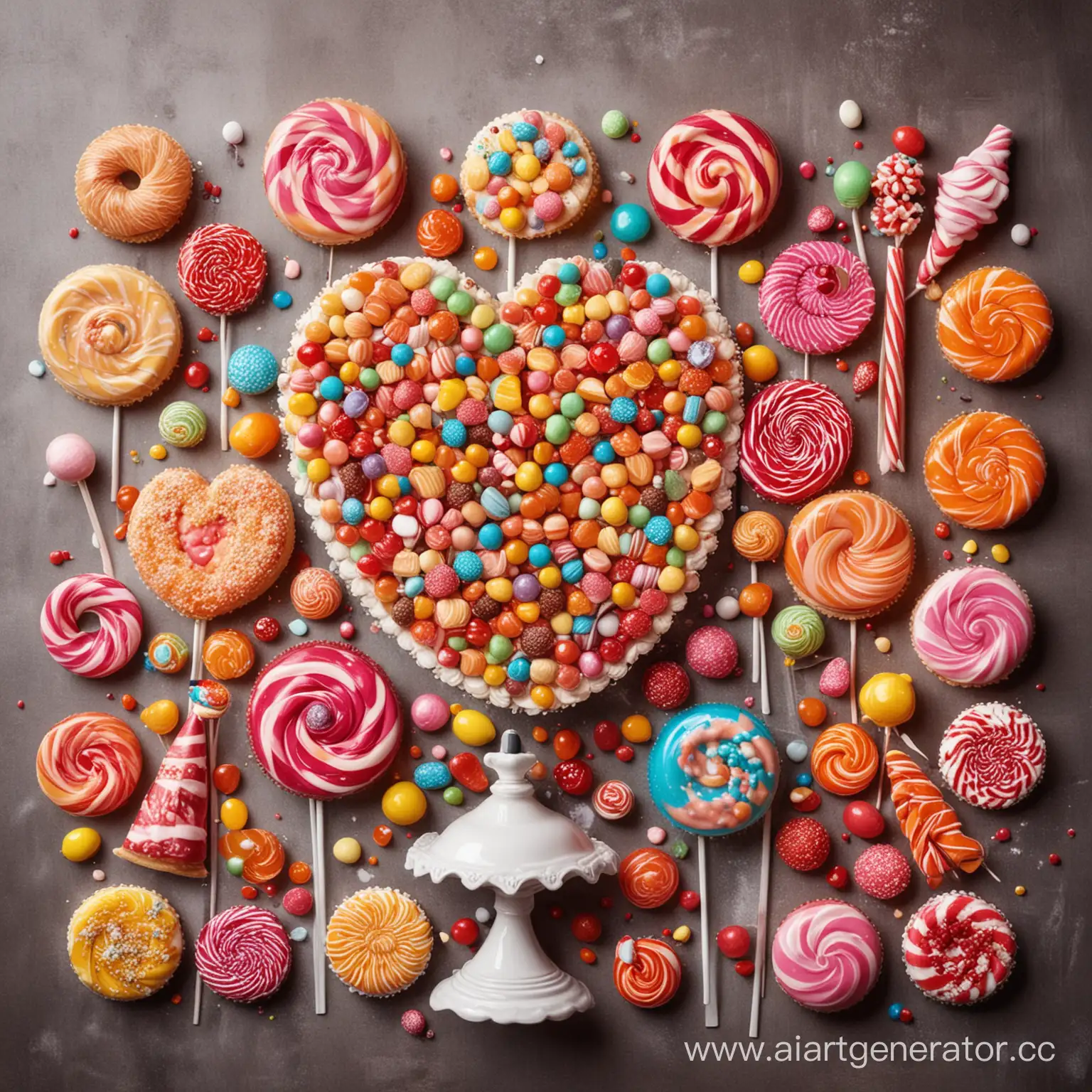яркая картинка с настоящими сладостями: конфеты, пирожные, торты, леденцы