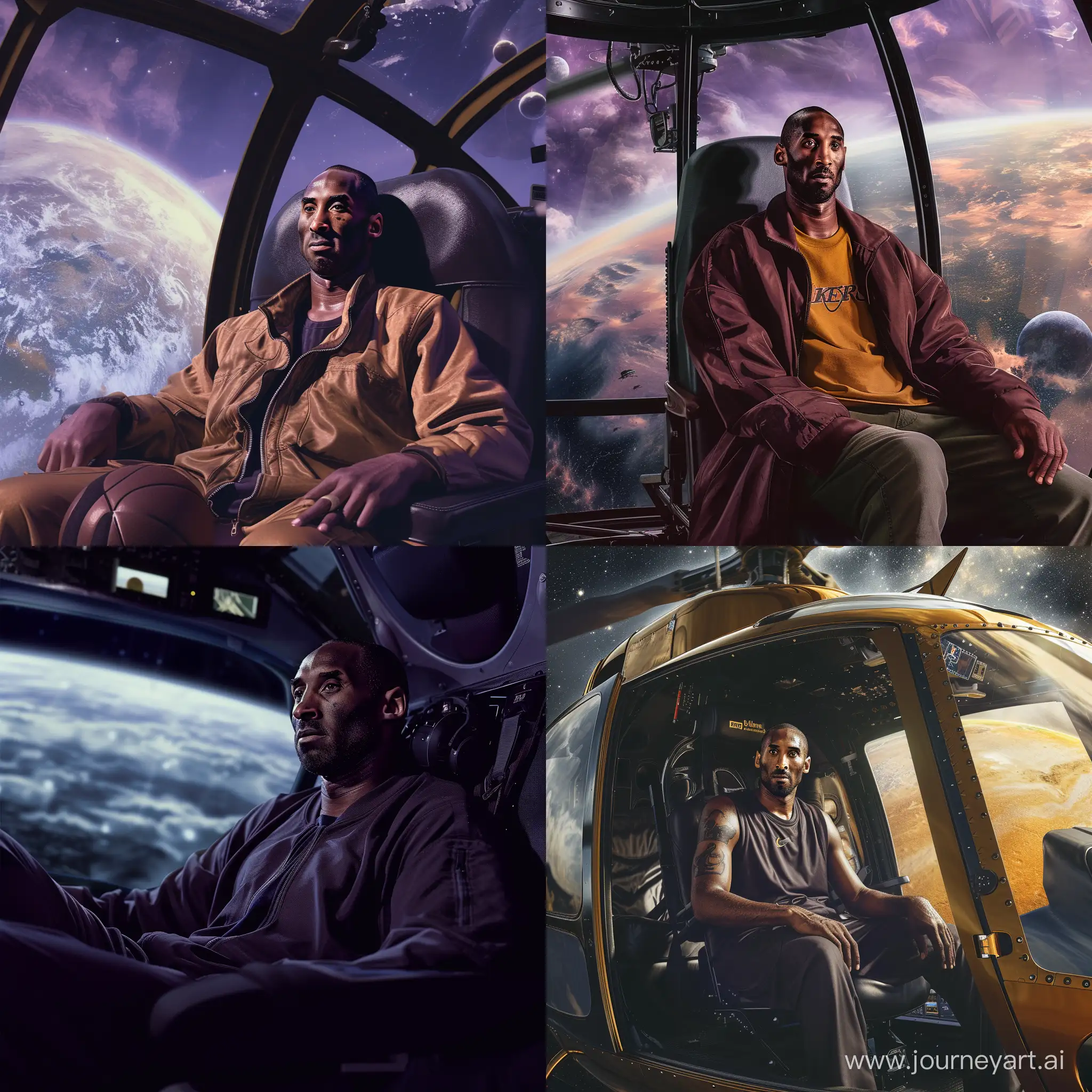 Kobe Bryant,sitting in a helicopter,Photorealistic,Alien planet,Isolation composition