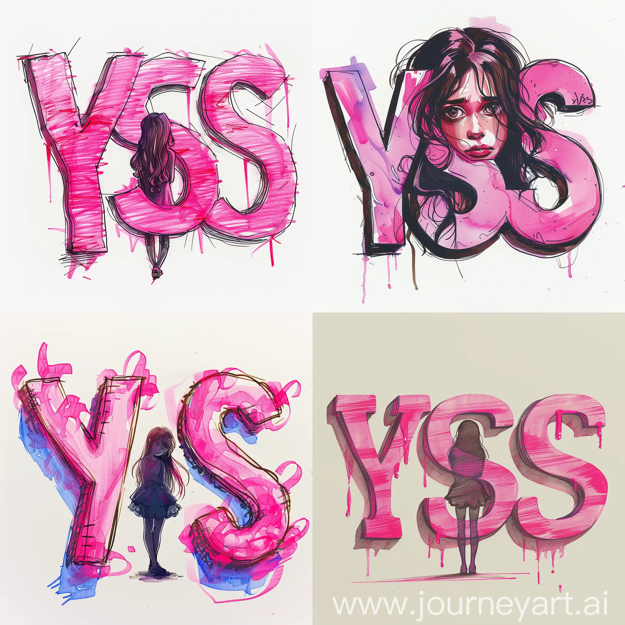 Игровой логотип, color marker drawing, мягкие и изогнутые буквы "YSS" в нежных оттенках розового, силуэт грустной девушки между буквами, --s 300