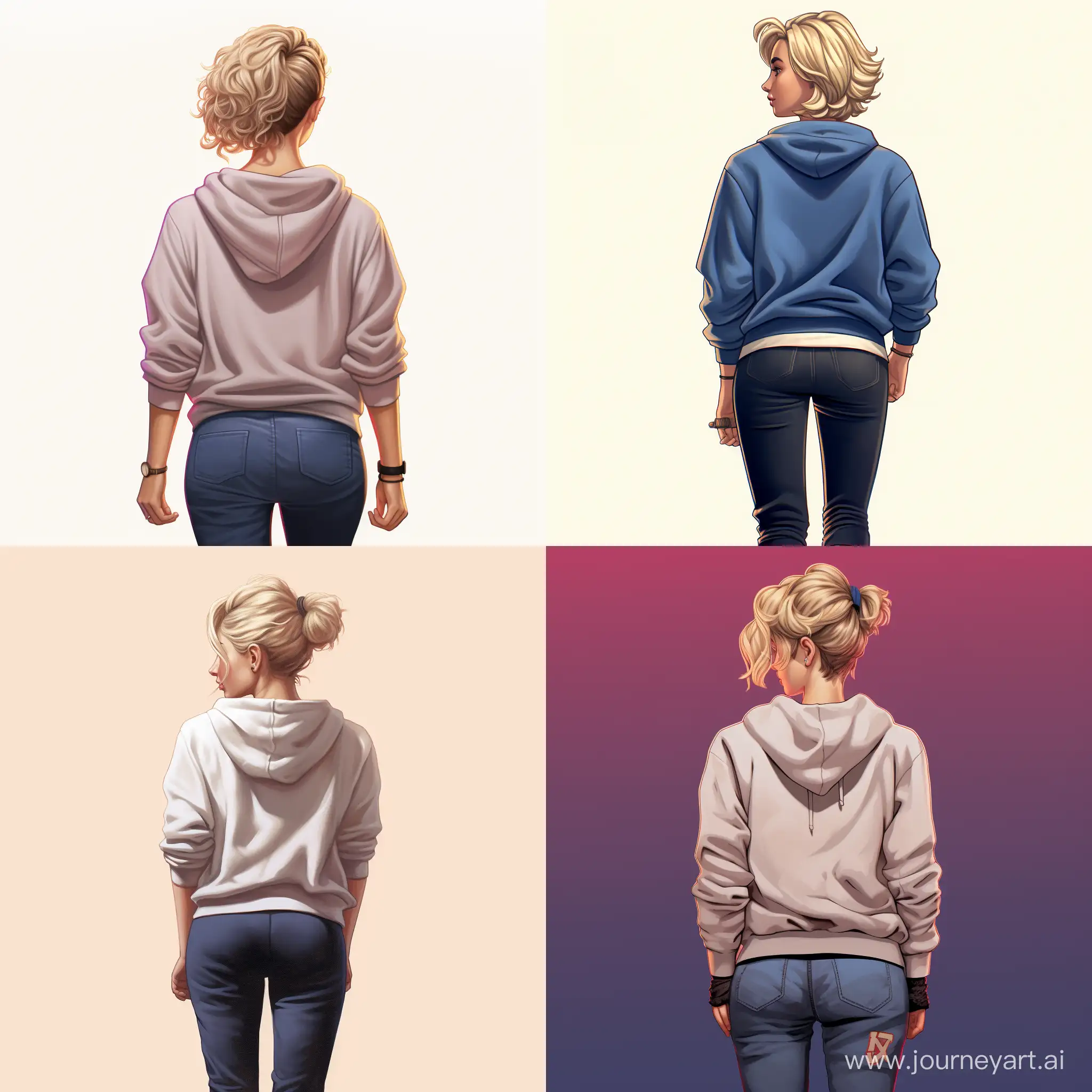 Create images A woman with a fuller figure and short blond hair, seen from the back. She’s wearing jeans, a sweatshirt, and sneakers, disney style