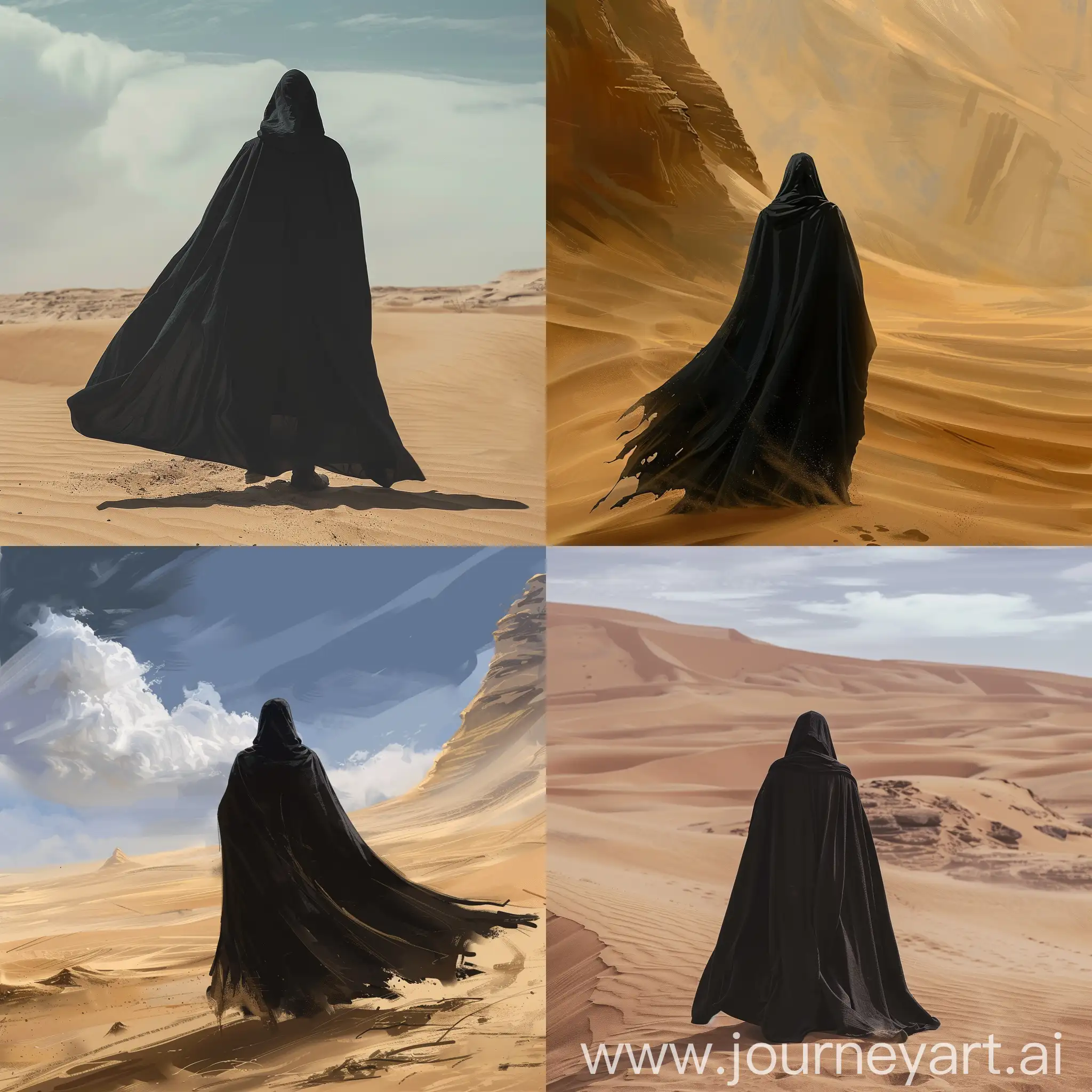 Hero with a black cloak in an endless desert