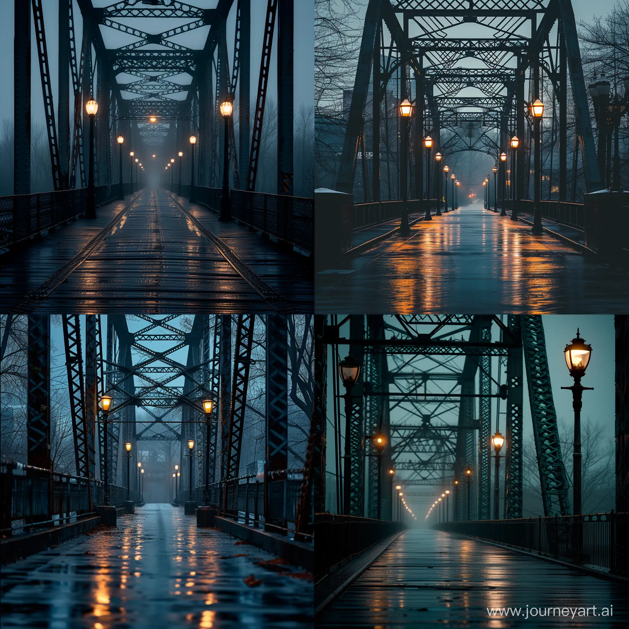 Pont en métal, dans la brume, faible éclairage avec quelques lampadaires, ville, cinematic, hdr, symetric, mood, jazzy, mouillé, perspective,