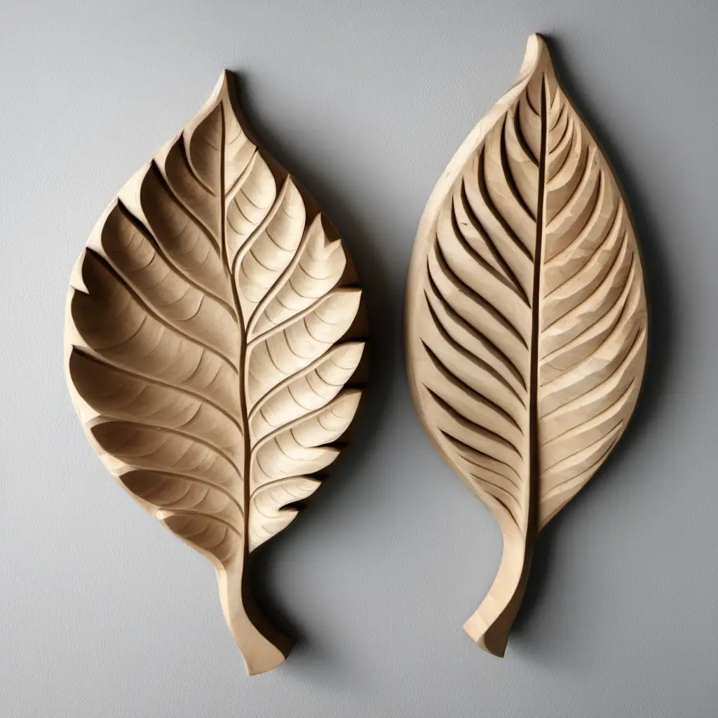 Exquisite Set of 3 Natural Finish Wooden Carved Leaves