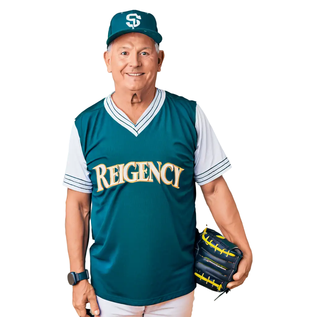 65 year old men’s softball pitcher with Regency team name printed on uniform