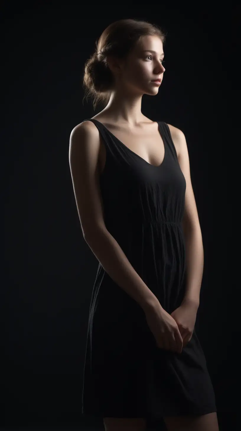 /imagine prompt : An ultra-realistic photograph captured with a canon 5d mark III camera, equipped with an 70mm lens at F 1.8 aperture setting, portraying a body absolutely from side, wearing Simple dress without sleeves
[photorealistic]
The background is empty black, highlighting the subject.
The image, shot in high resolution and a 9:16 aspect ratio, captures the subject’s natural beauty and personality with stunning realism
Soft spot light gracefully illuminates the subject’s body side, all body is luminated very well, casting a dreamlike glow. 
 –ar 9:16 –v 5.2 –style raw