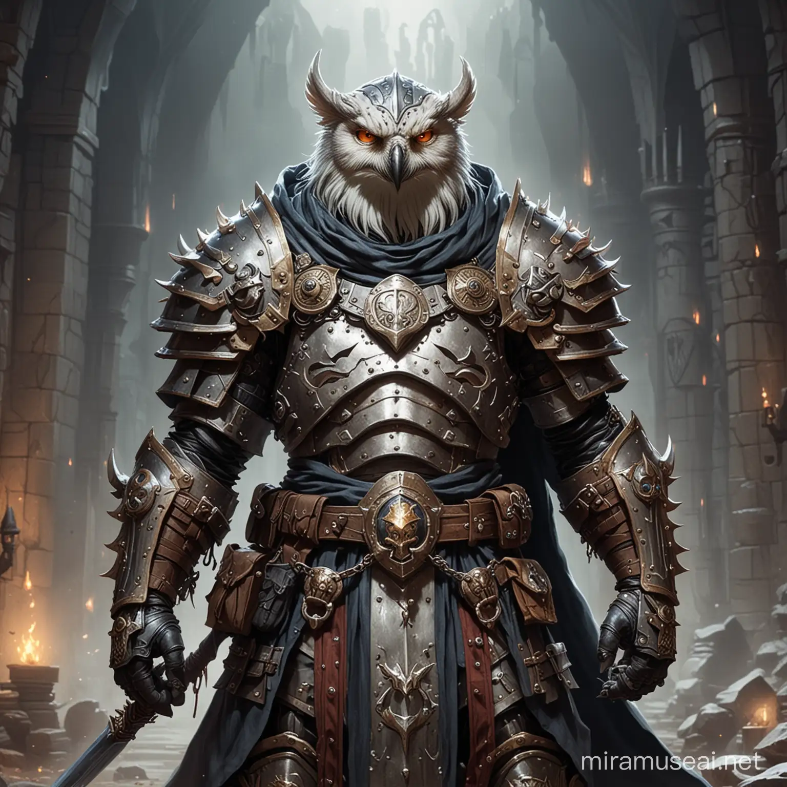 Owlin death domain cleric in heavy armor in the world of Dungeons and Dragons