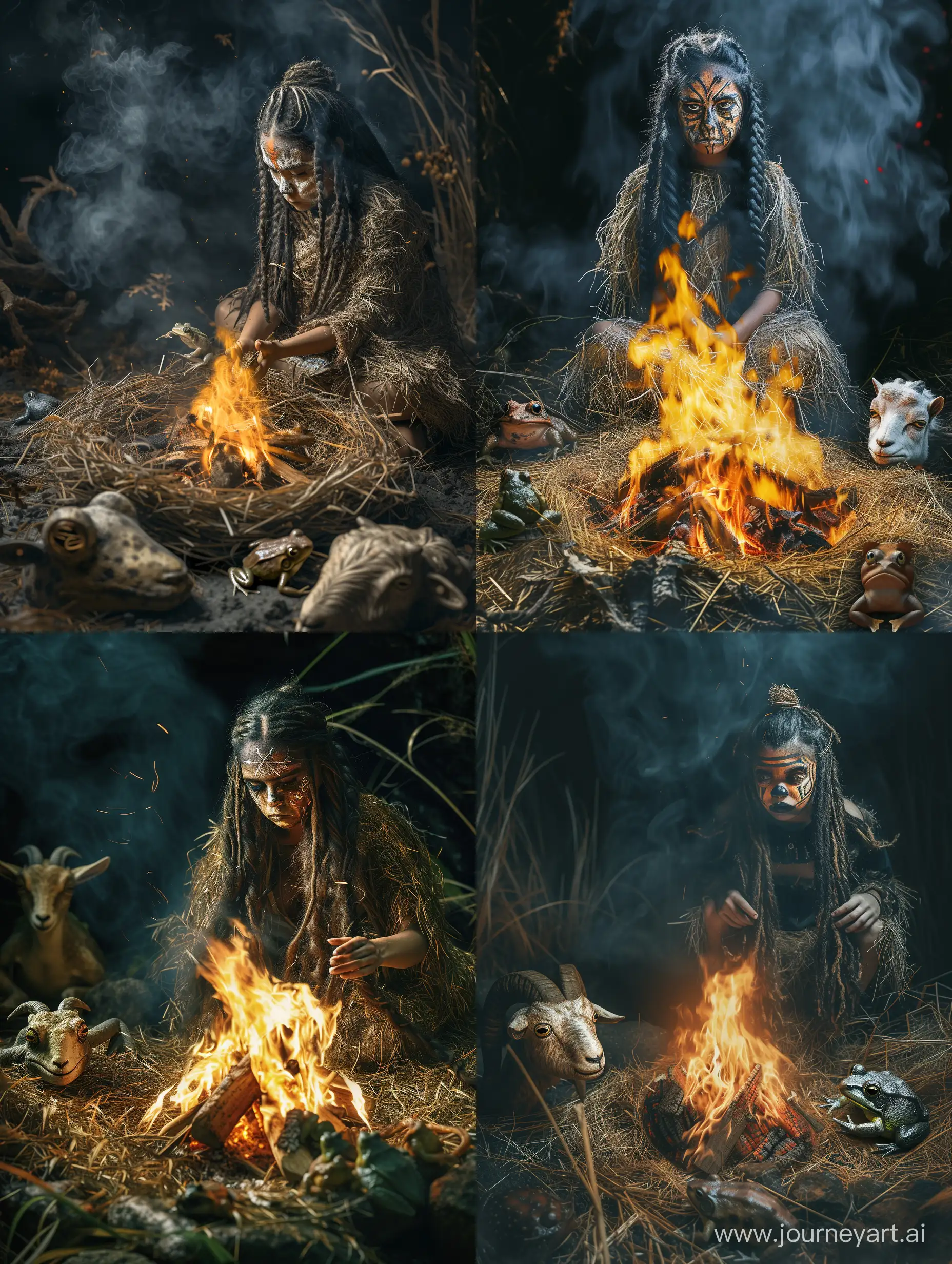 Dark shaman girl doing her ritual dance in a dark mystic forest. A big campfire in front of her while she is performing the dance. She has long braided hair and weird facepaint. She is wearing a strange weird attire mixed up with straw. There are some frogs and a deceived goat head around the campfire. Exotic and smoky environment. Creepy realistic photo.