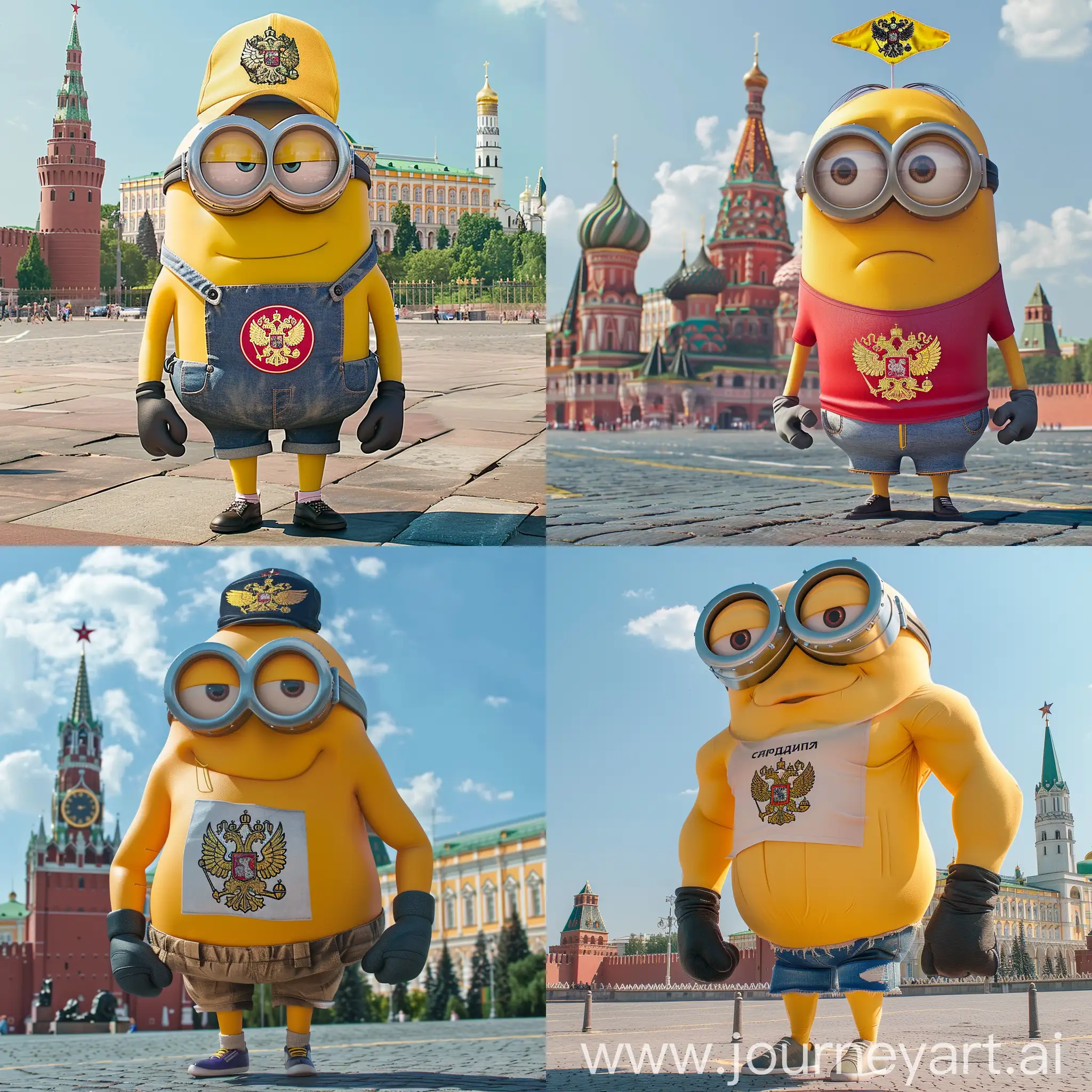 Желтый мускулистый и огромный миньон, одет в футболку и шорты, стоит на фоне Кремля в Москве, в кепке с гербом России, на футболке написано СВО.