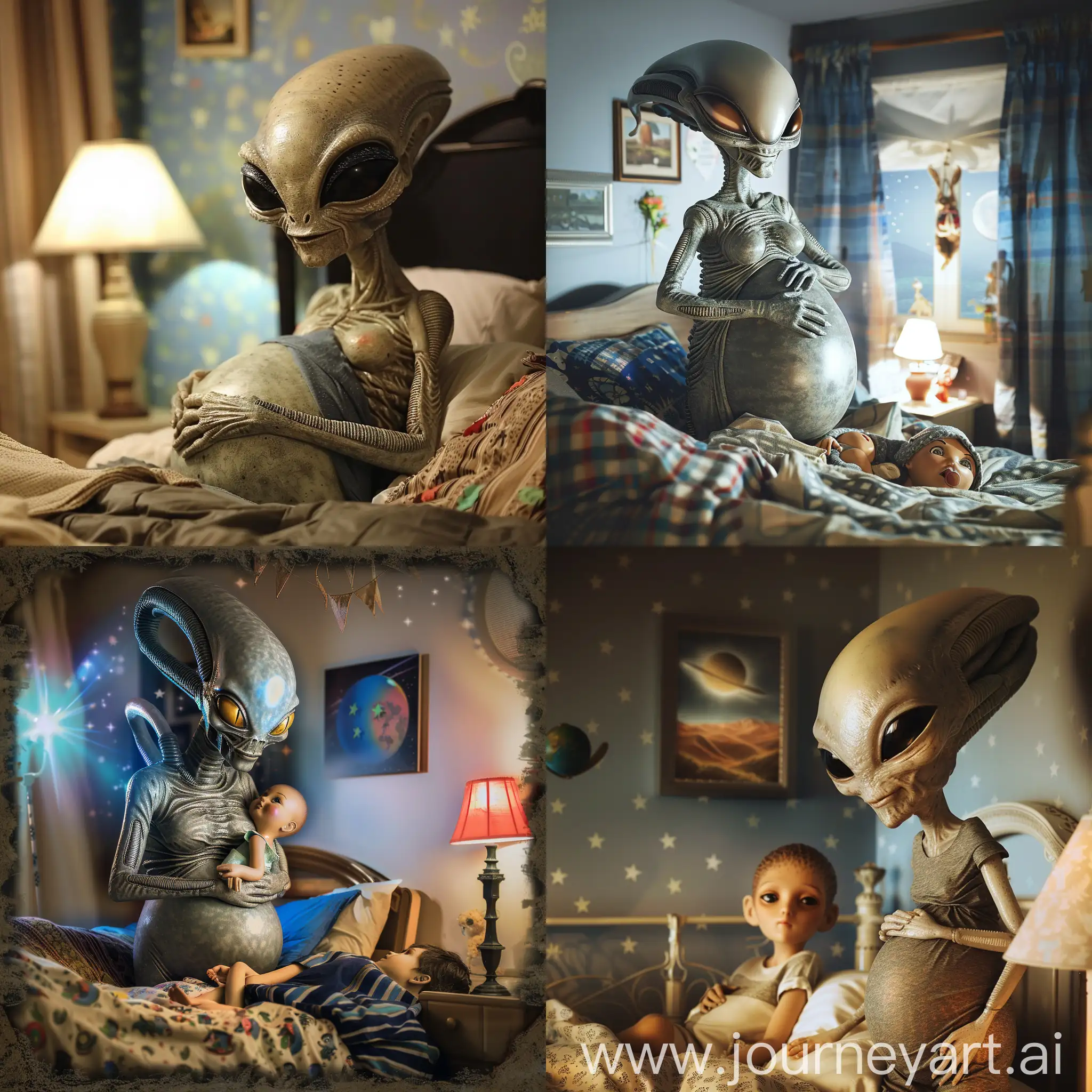 Pregnant-Gray-Alien-Lovingly-Tucks-Human-into-Bed-at-Night