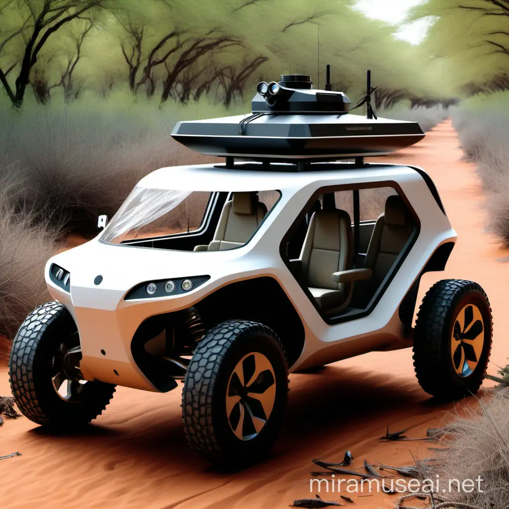 Design an image of an AI-driven autonomous safari vehicle equipped with sensor arrays and advanced navigation algorithms, providing tourists with immersive wildlife experiences while minimizing disturbance to natural habitats.