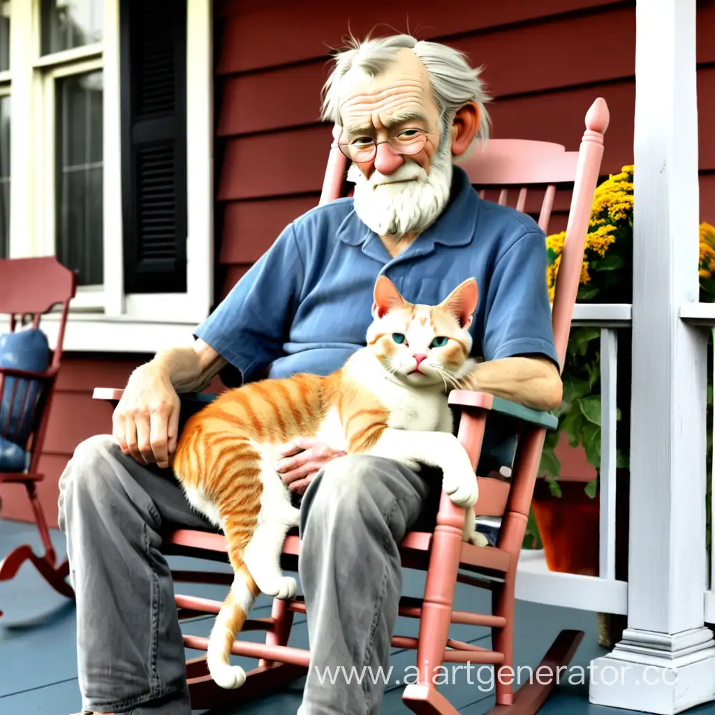 old man in rocking chair on porch holding a cat