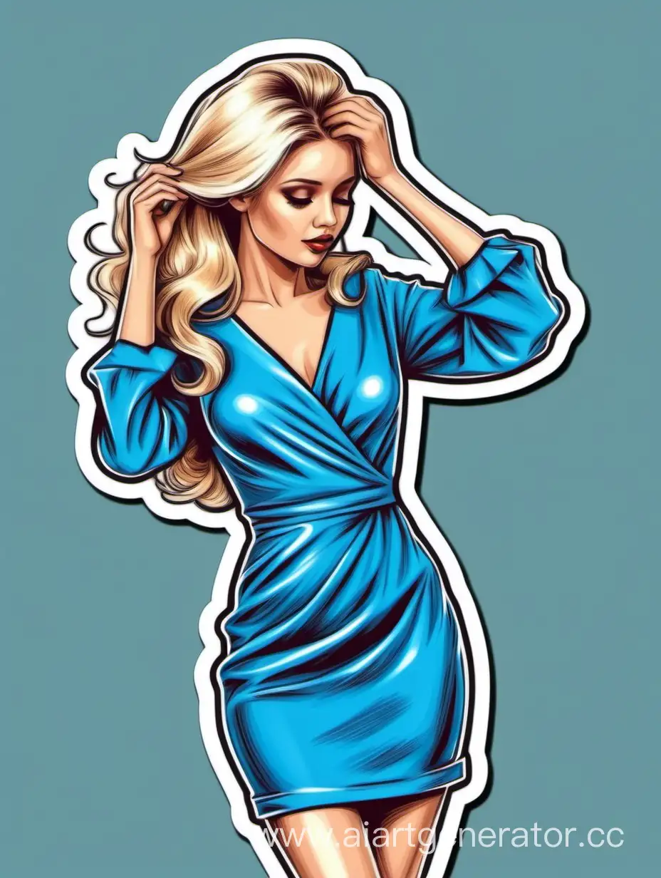 Stylish-Blonde-Girl-in-Blue-Dress-Adjusting-Hair-Fashion-Illustration