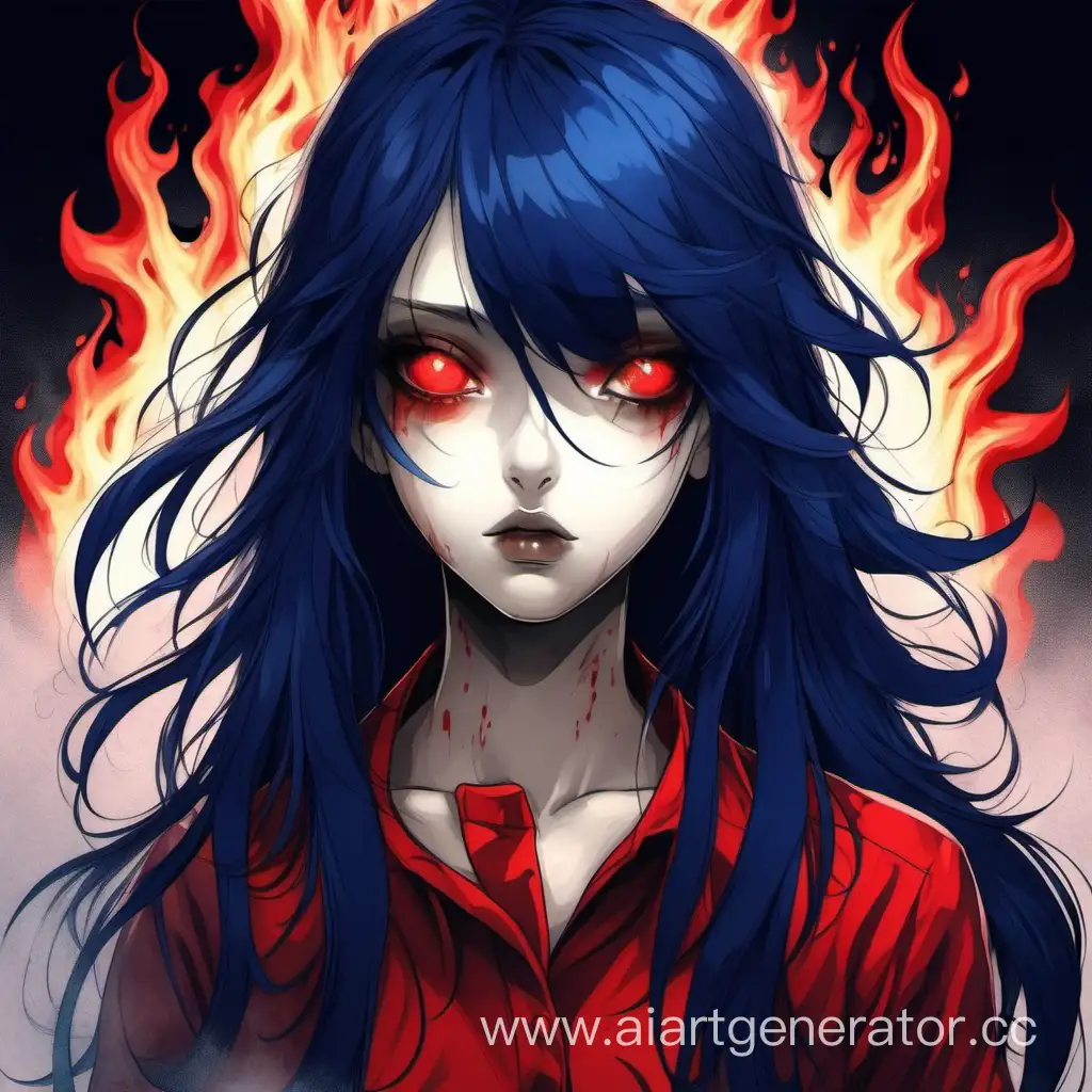 девушка с тёмно-синими волосами и красными глазами, ожёг на щеке