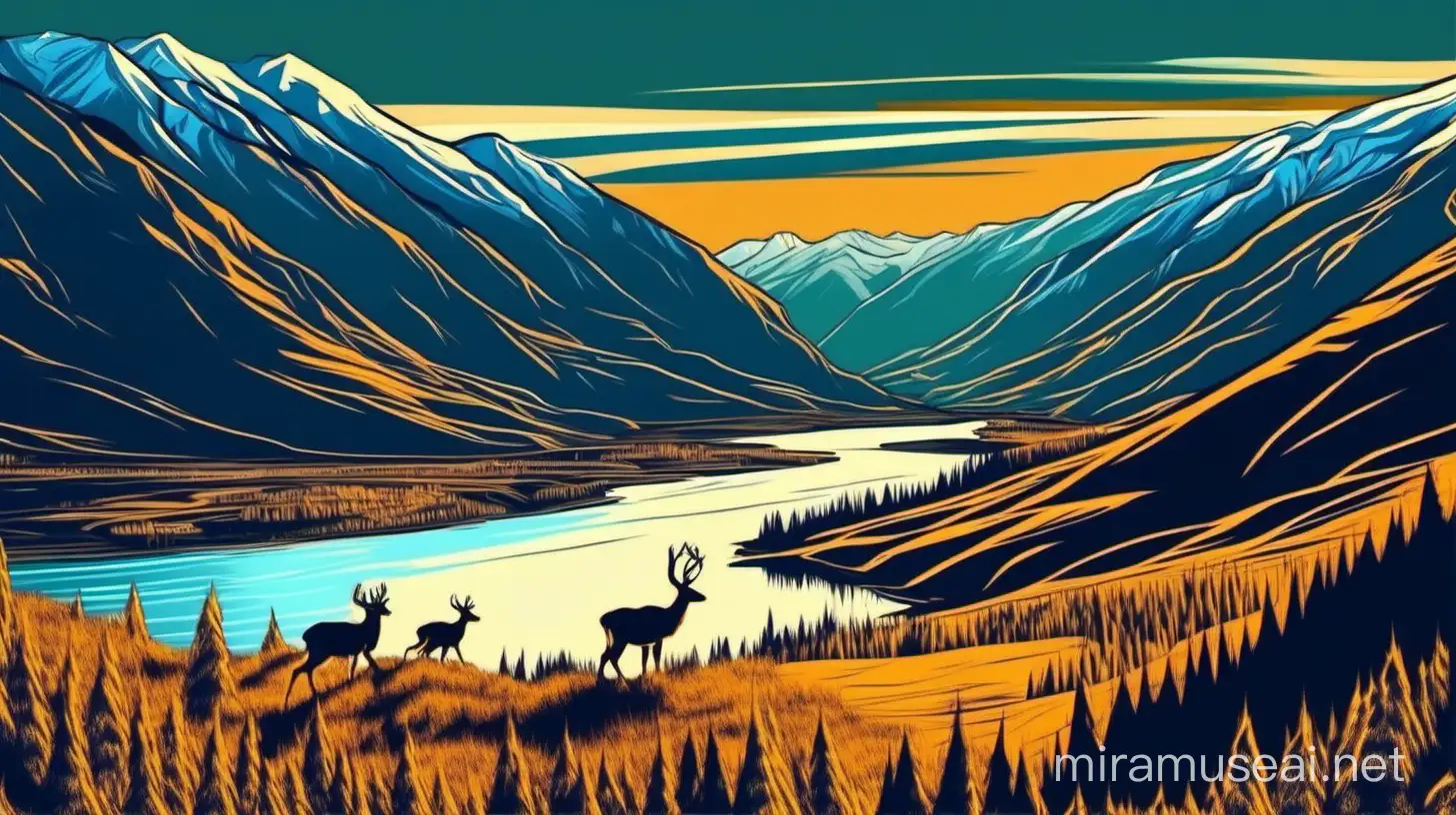 Altai mountains, Altai nature, aerial perspective, katun river, deer in the foreground stands on a hill, dramatic, deep colour, illustration, vector illustration
